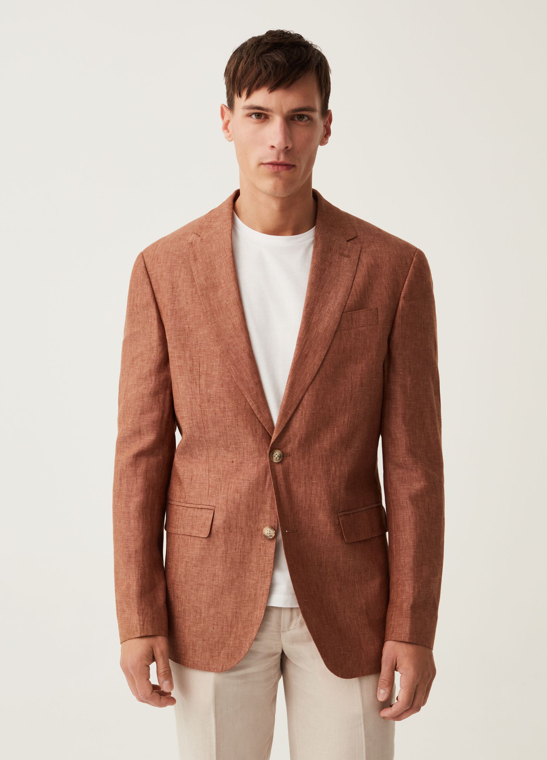 Blazer slim fit in lino tinto filo tabacco_0