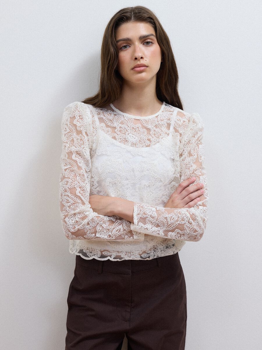 White cotton-blend blouse with floral lace, slim fit_0