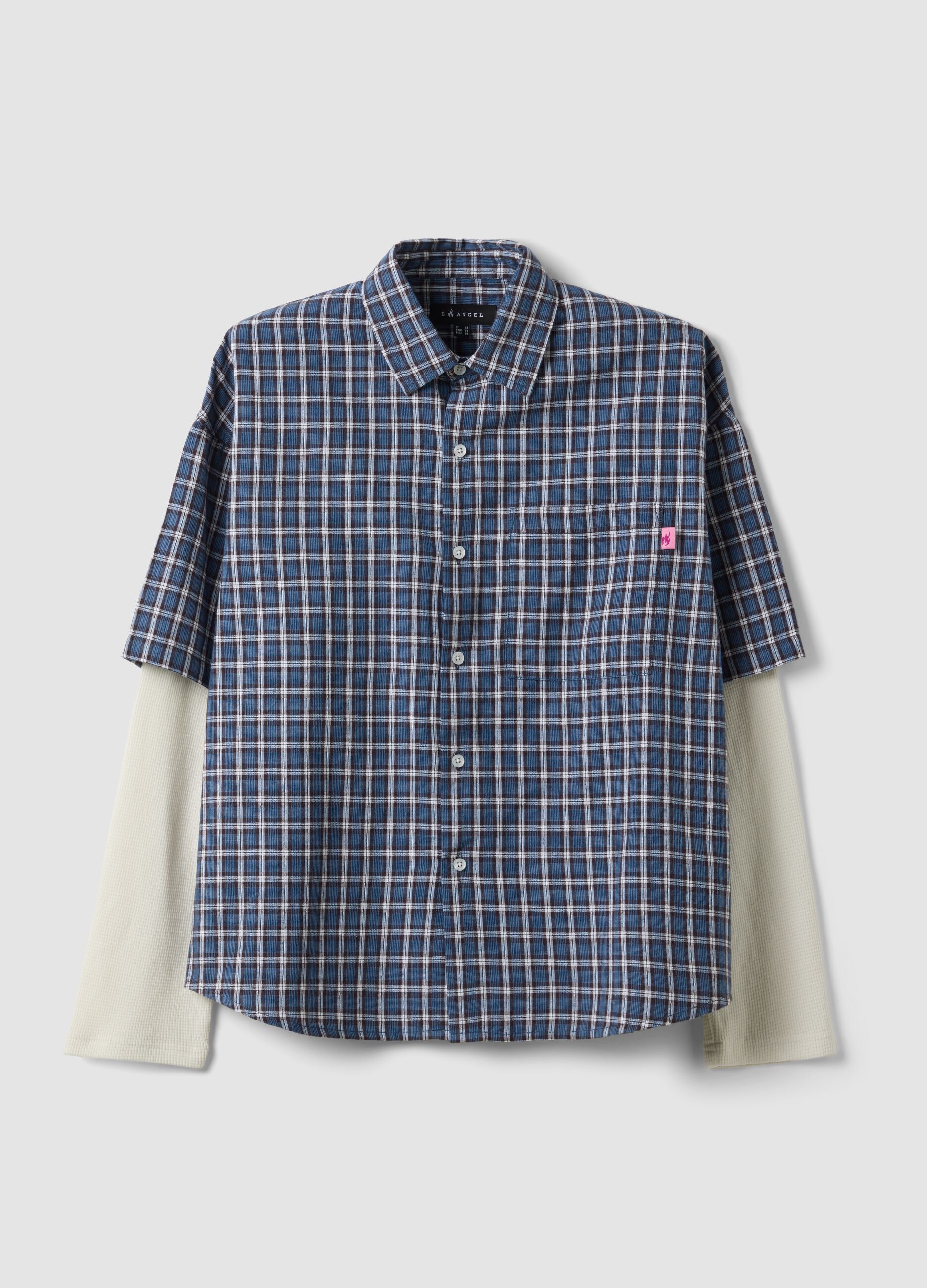 Blue cropped pure cotton checked shirt with layered double sleeves, oversized fit