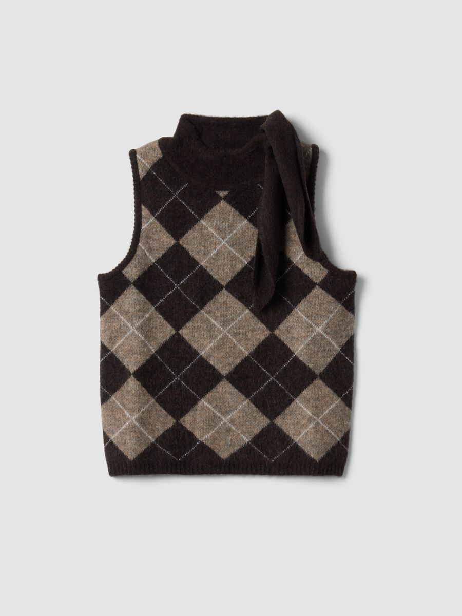 Brown stretch wool gilet with stand collar_0