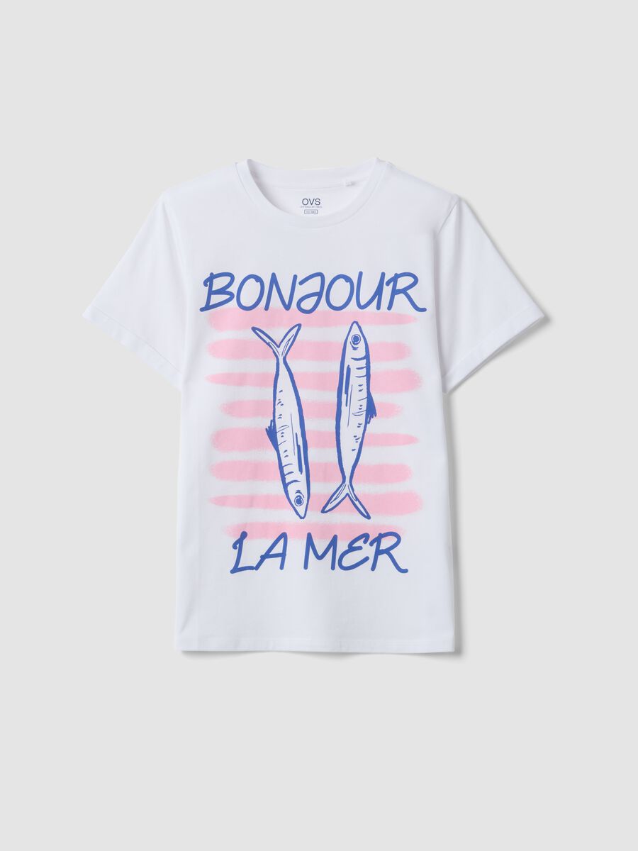 T-shirt bianca in puro cotone con stampa frontale regular fit_0