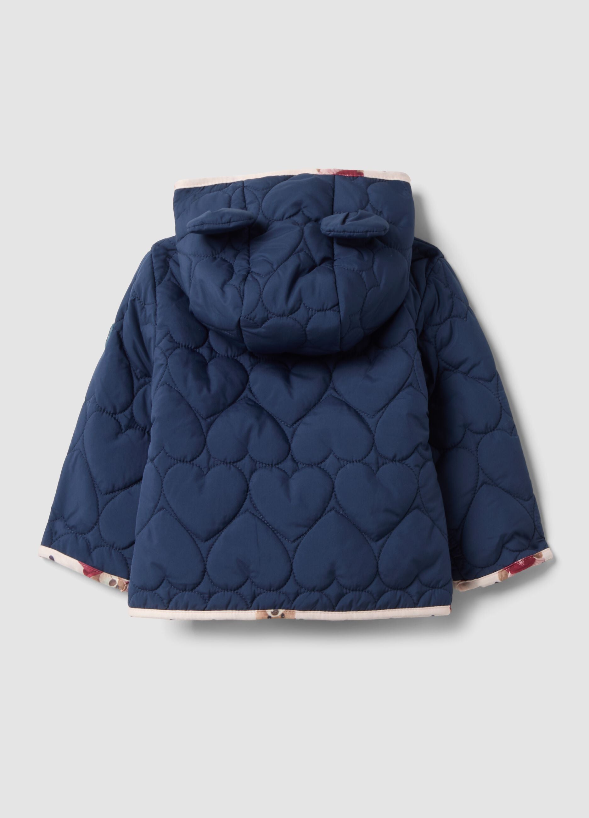 Blue padded hooded jacket with heart print for baby girl