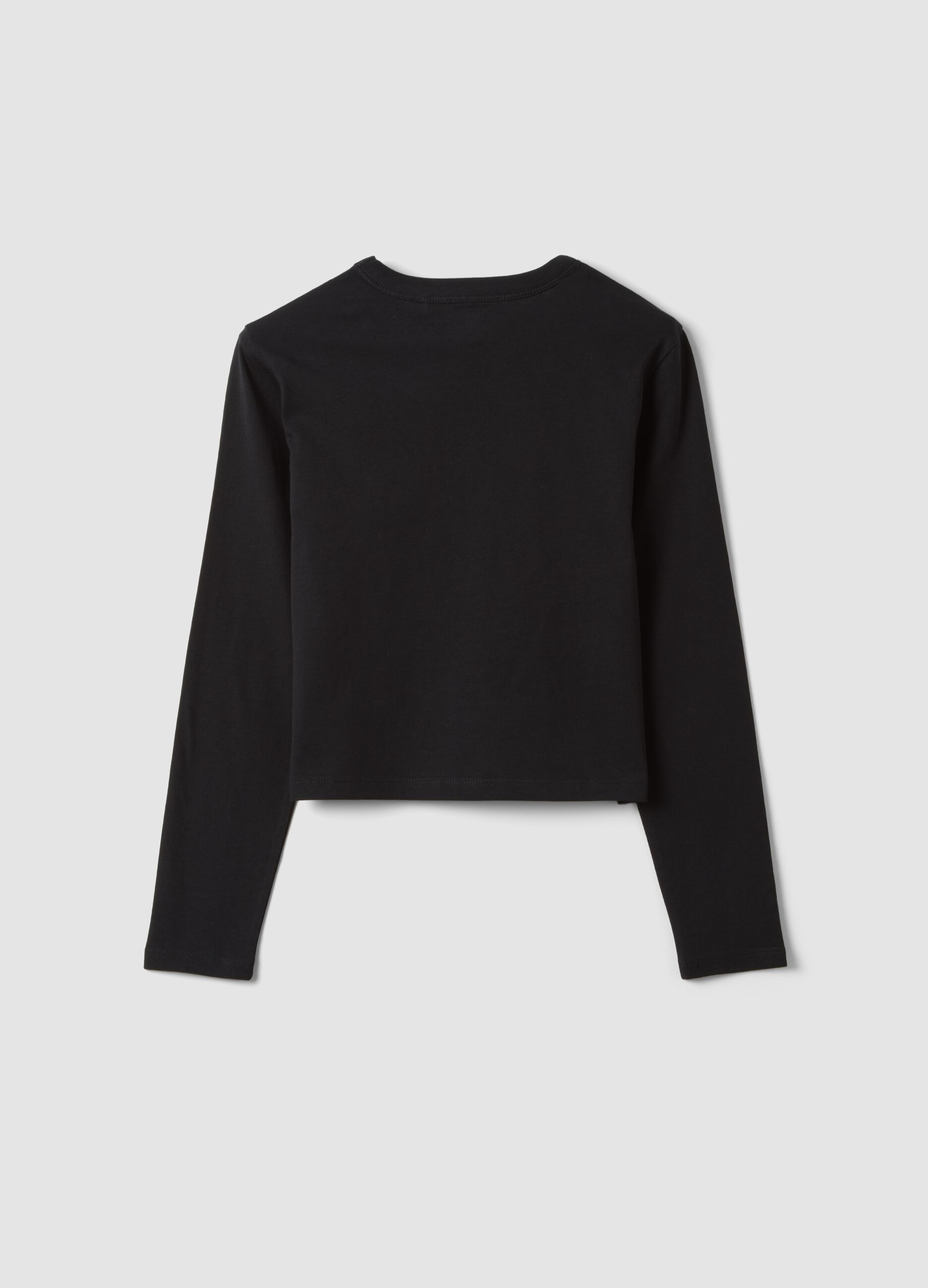 Girls&rsquo; black organic cotton crop T-shirt with ribbed neck