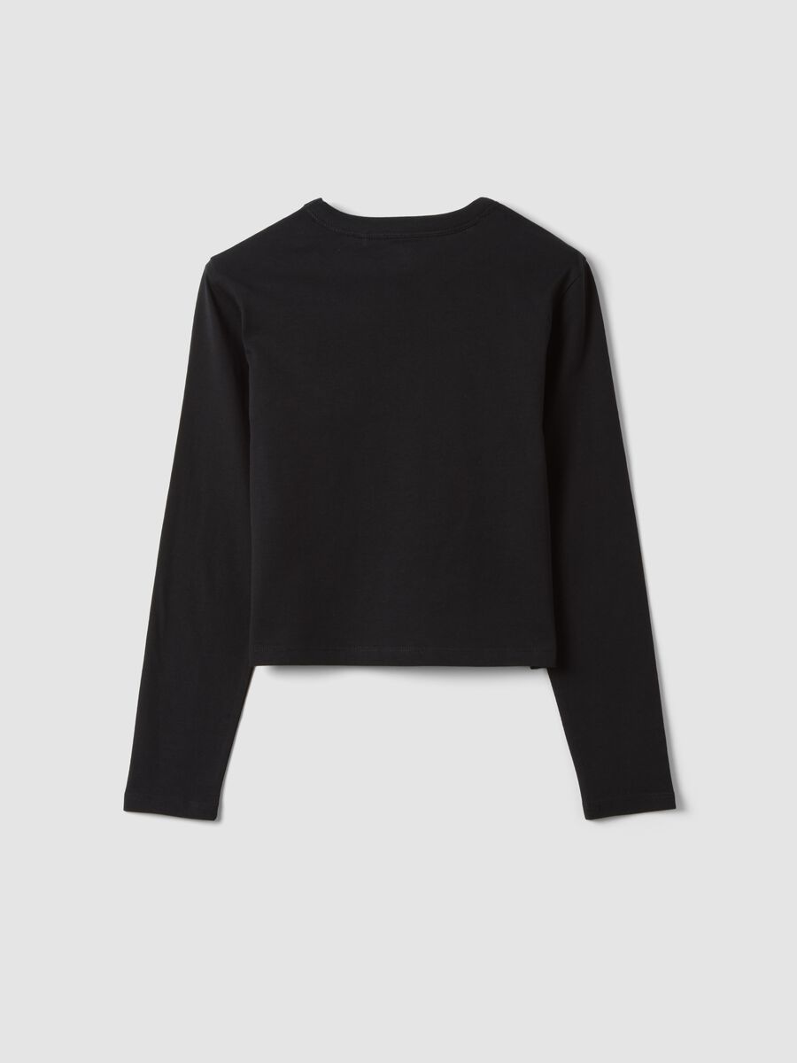 Girls&rsquo; black organic cotton crop T-shirt with ribbed neck_2