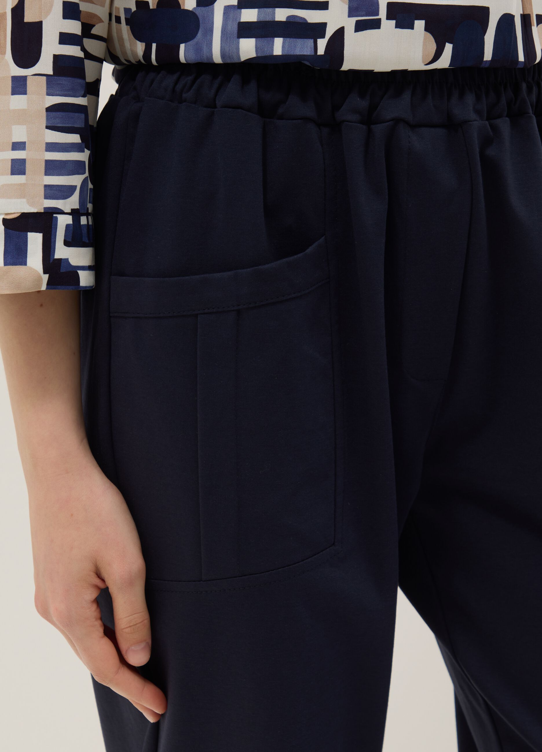 Blue stretch cotton trousers with elasticated waistband, regular fit