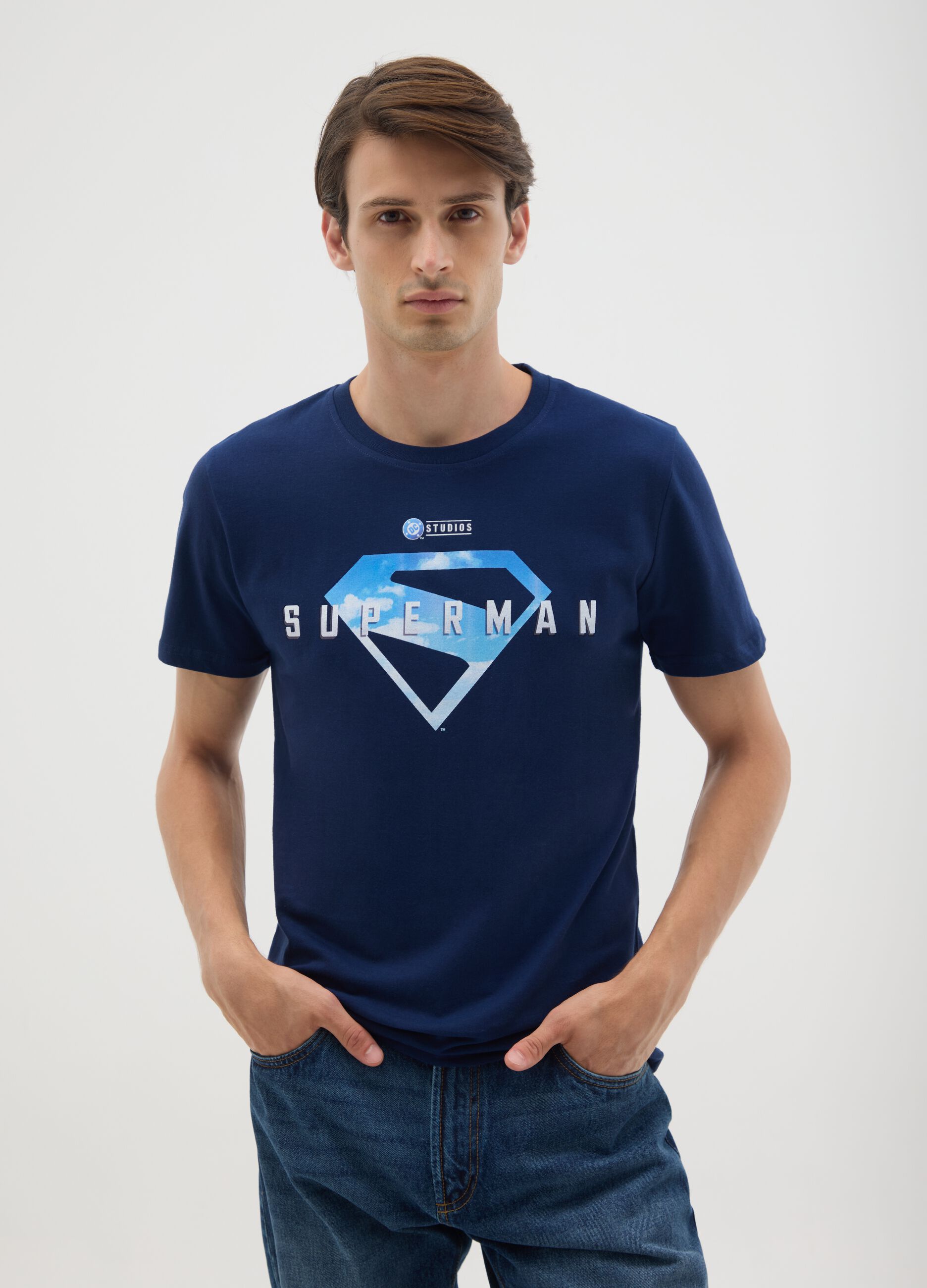 Men's pure cotton blue T-shirt with Superman logo