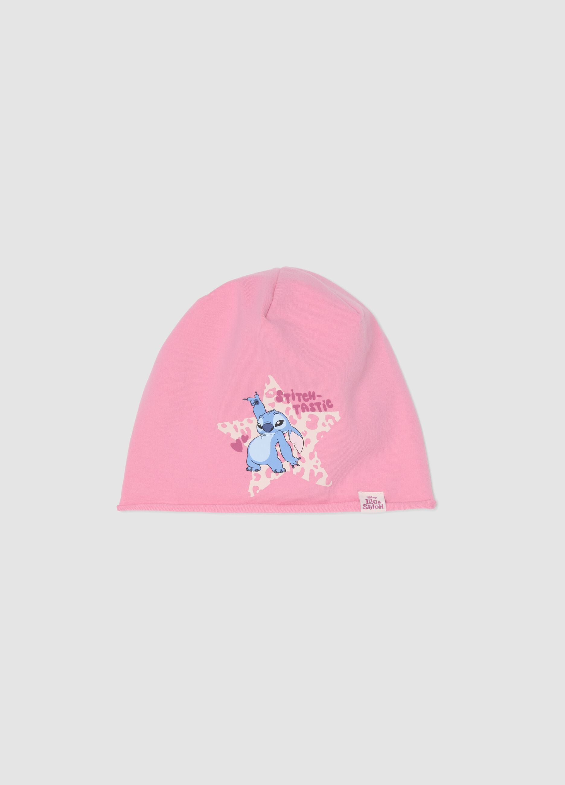 Cappello rosa in cotone elasticizzato jersey con stampa Lilo & Stitch per bambina