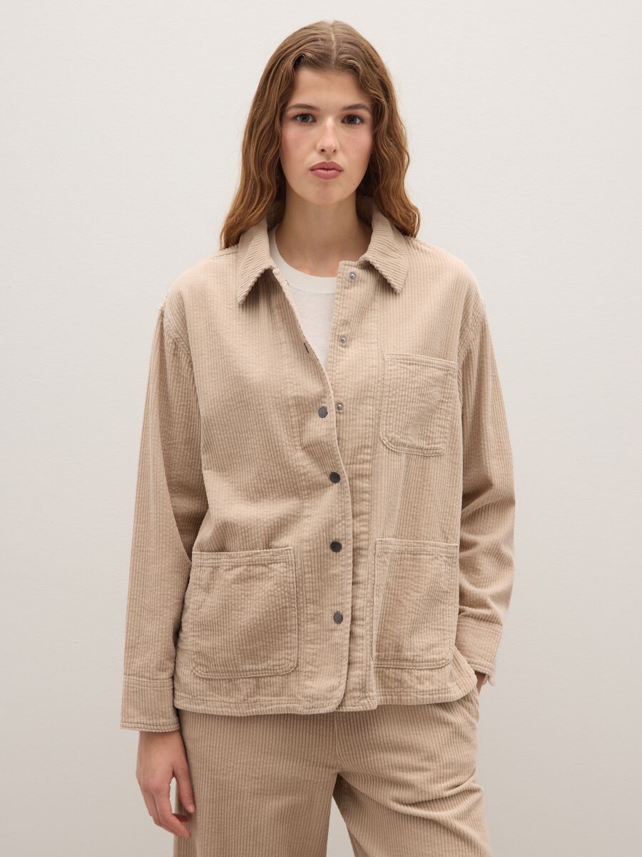 Beige pure cotton regular fit corduroy shirt_1