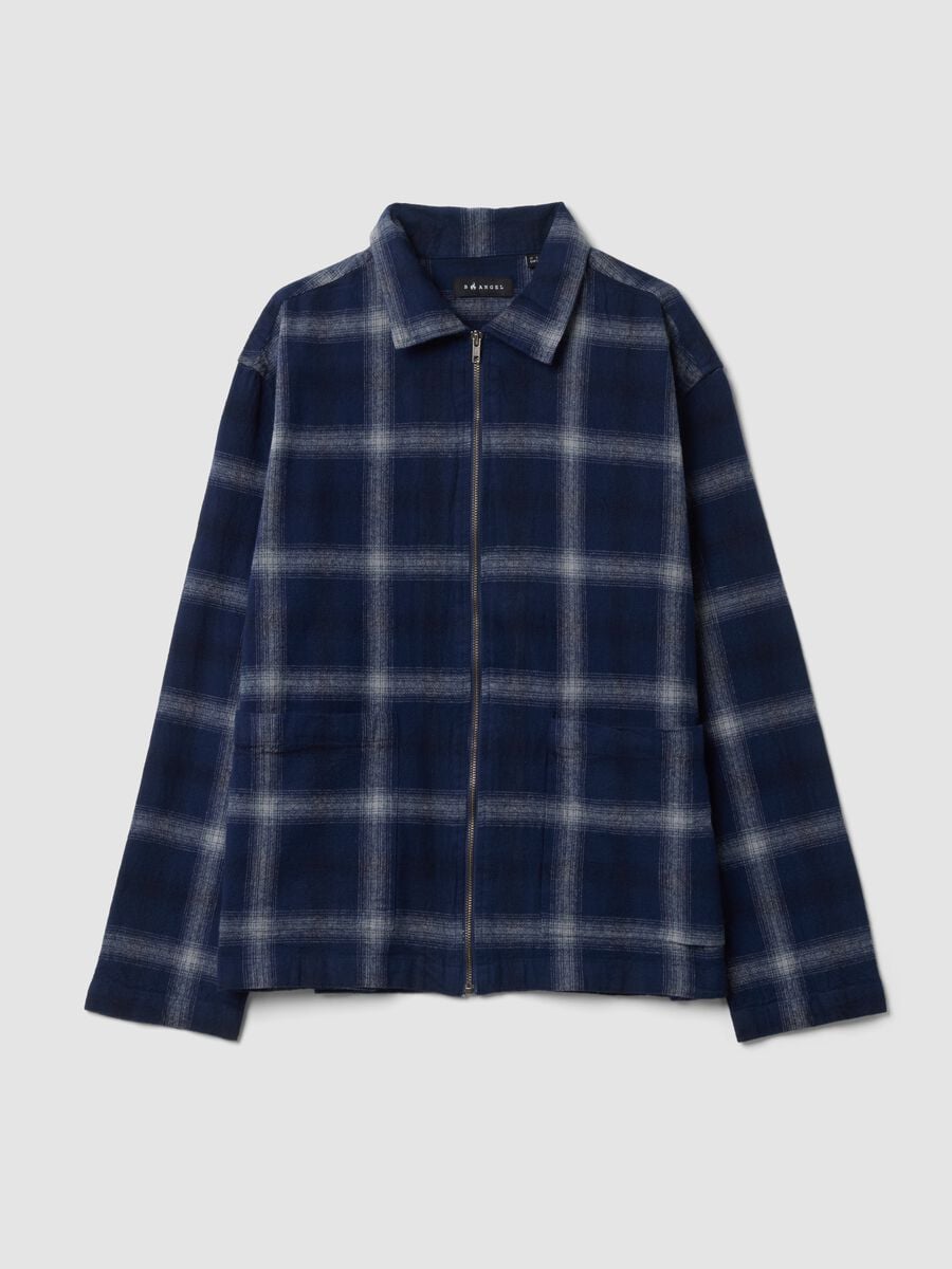 Camicia cropped blu in puro cotone a quadri con zip over fit_4