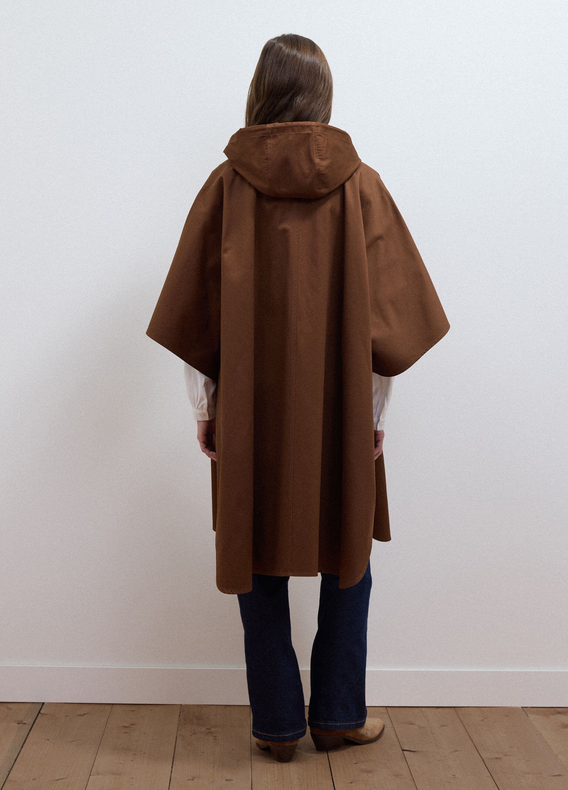 Brown pure cotton hooded cape with oversized fit