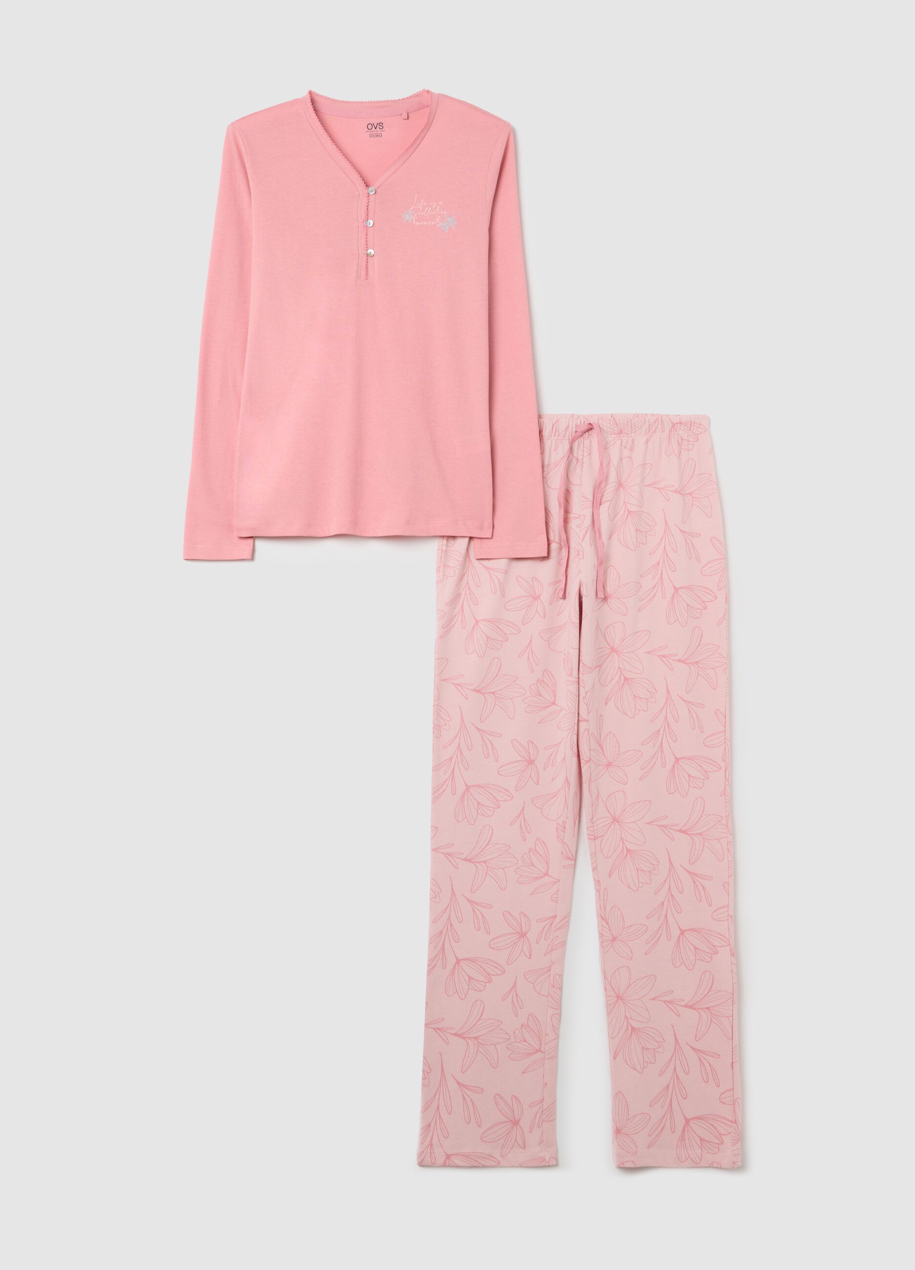 Pigiama in cotone rosa con scollo serafino e stampa