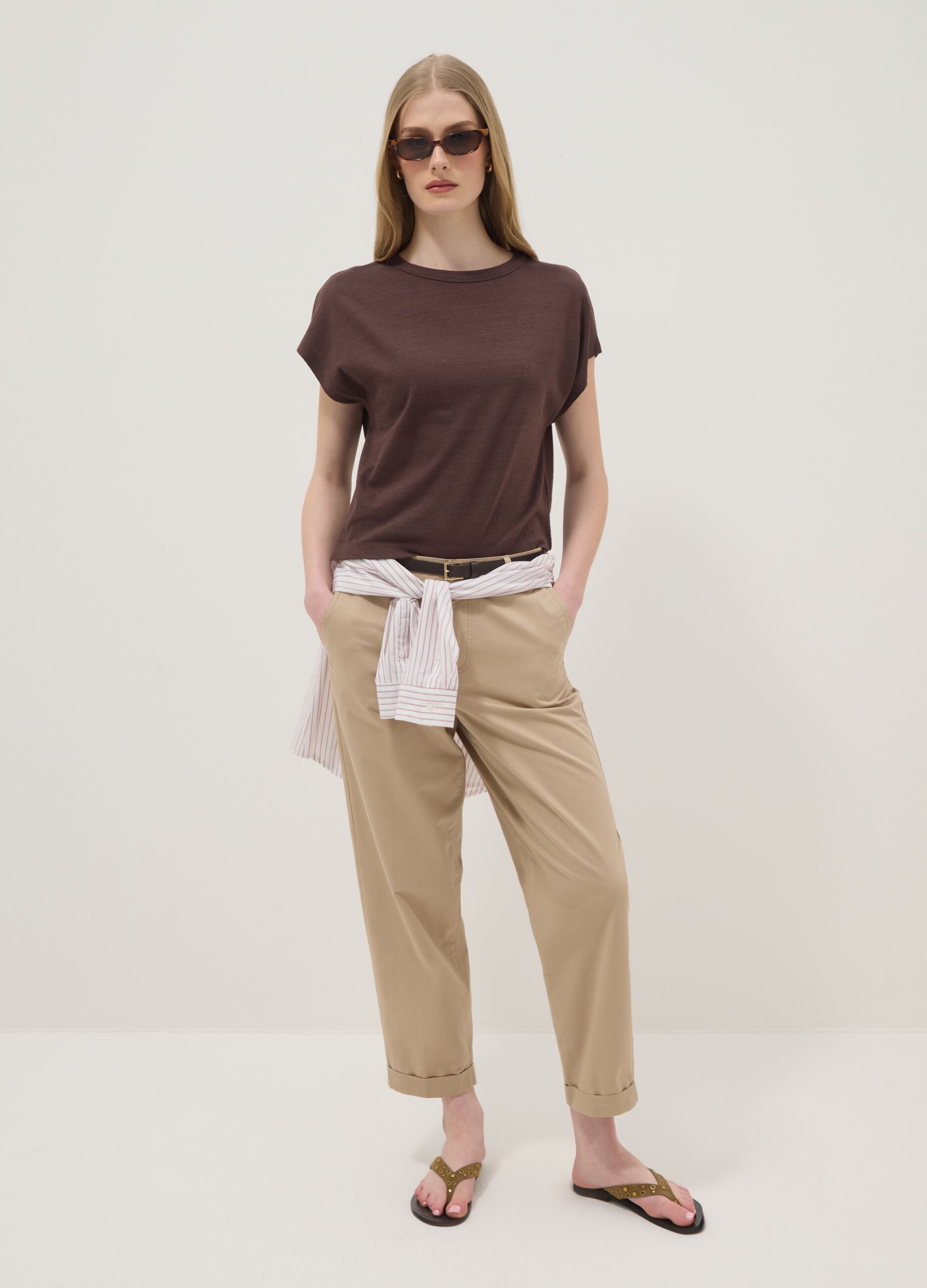 Brown cotton-linen blend short-sleeve T-shirt, regular fit