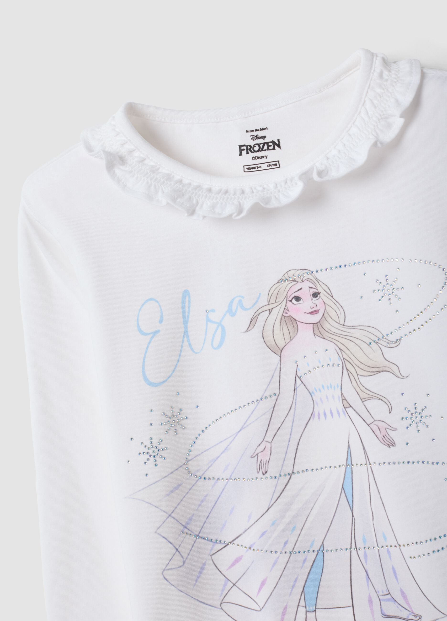 White stretch cotton T-shirt with ruffle neck and Frozen print for girls