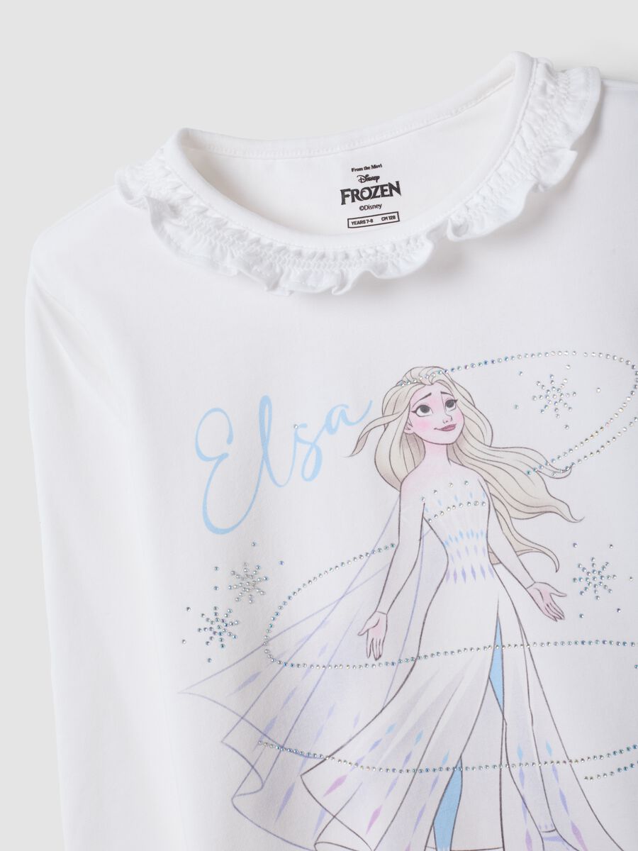 White stretch cotton T-shirt with ruffle neck and Frozen print for girls_2