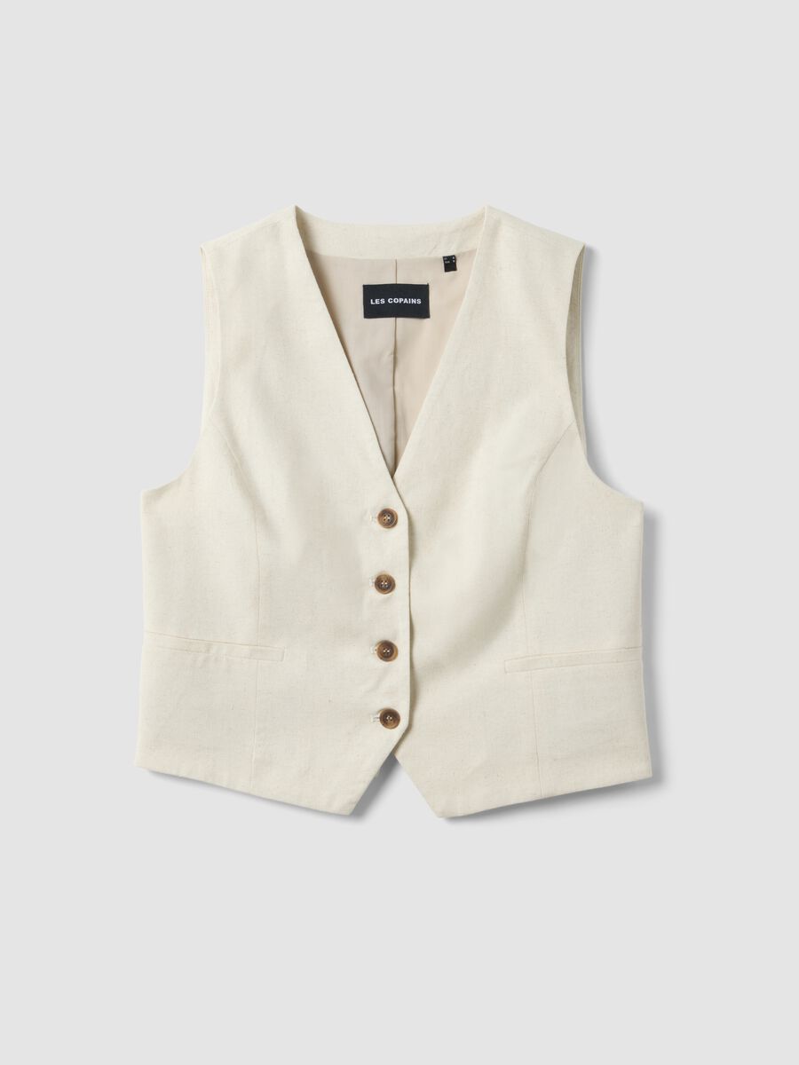 Beige slim fit viscose and linen mix waistcoat_4