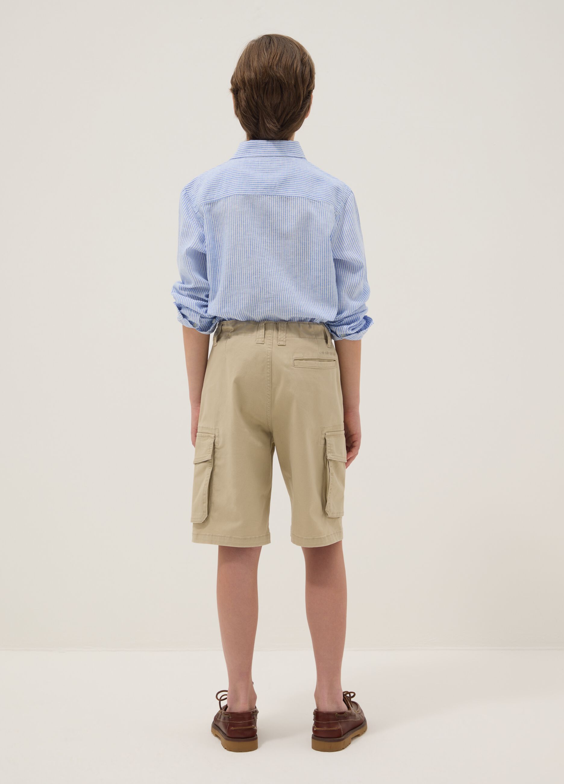 Beige stretch cotton cargo shorts for boys with regular fit