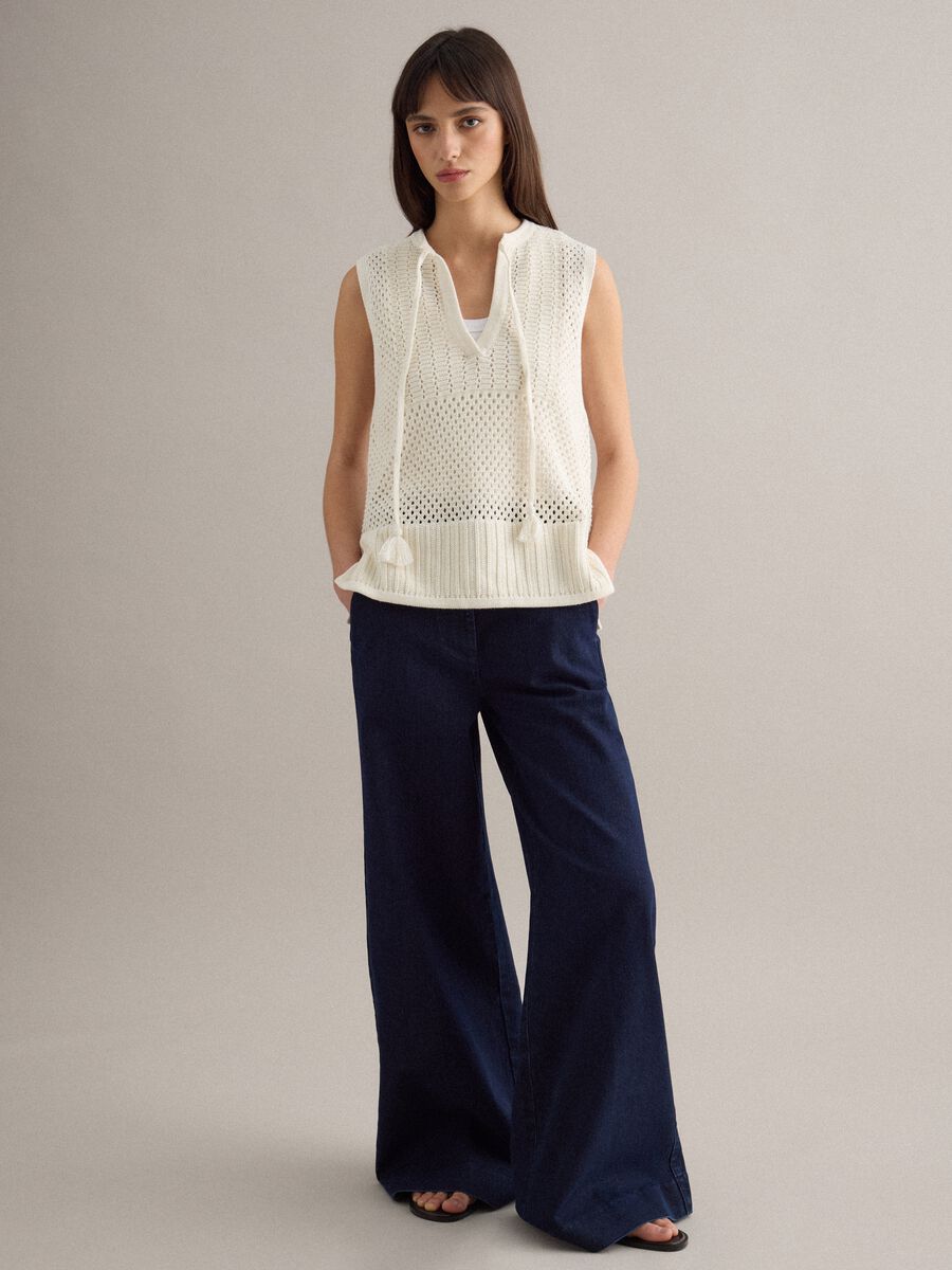 Tank top in puro cotone bianco regular fit con texture a rete_1