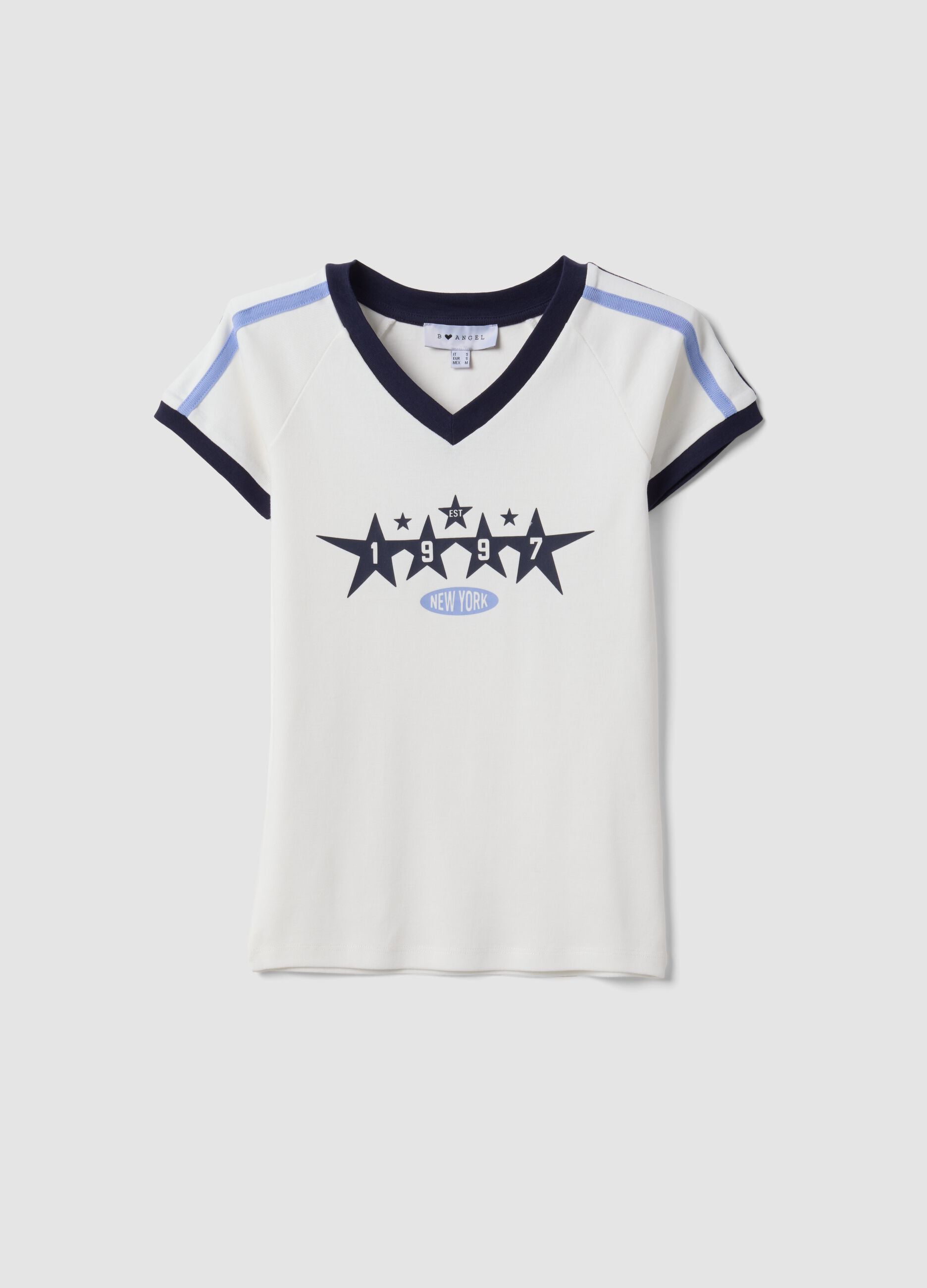 White pure cotton V-neck T-shirt with front print