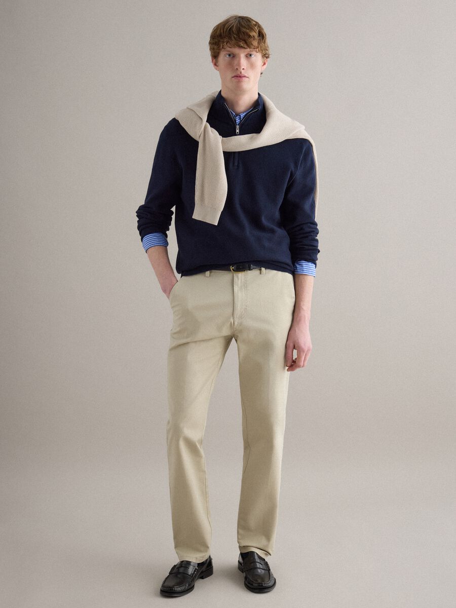 Pure cotton blue regular fit sweater with high neck and zip_1