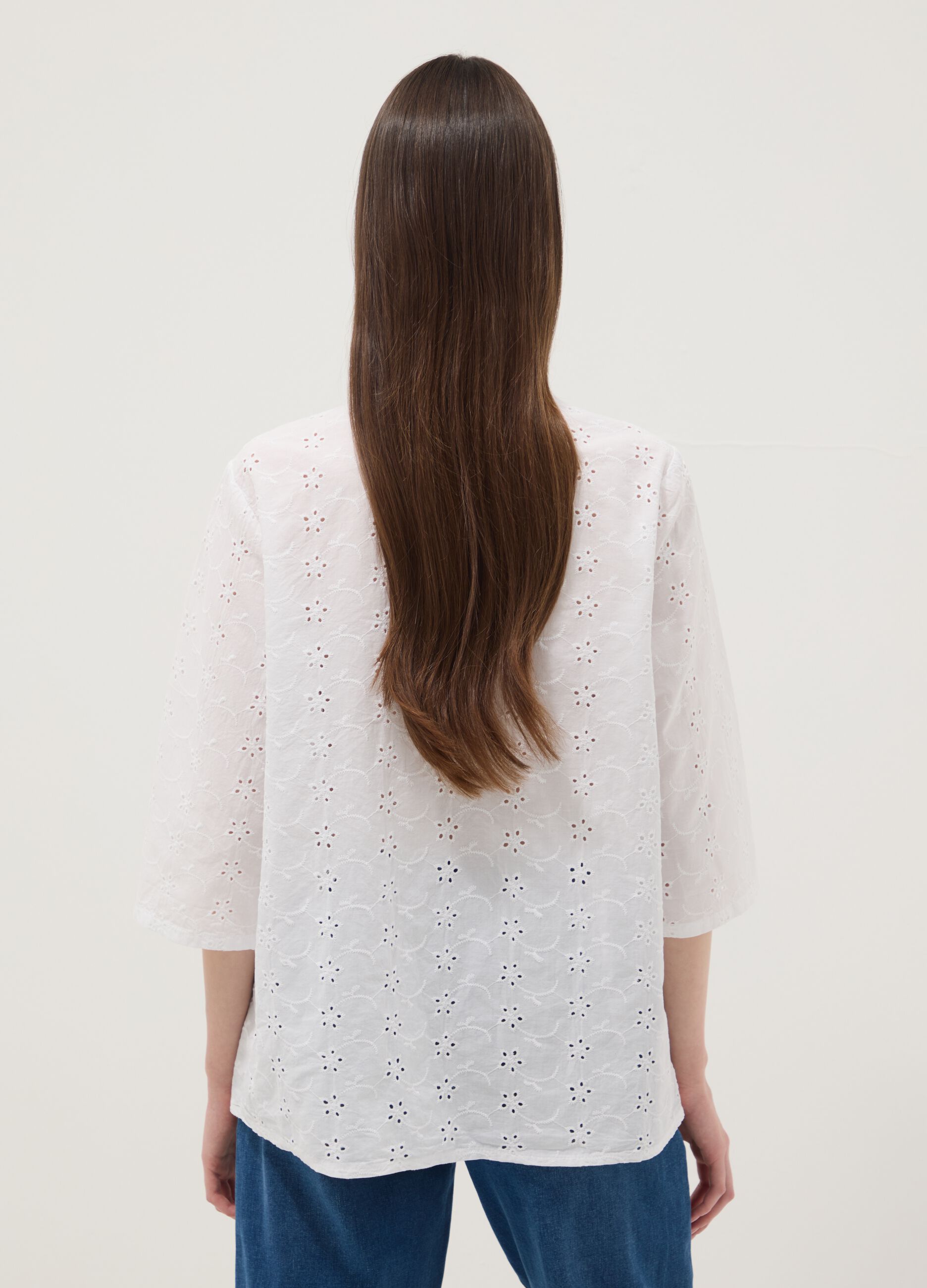 White pure cotton broderie anglaise shirt with band collar, regular fit