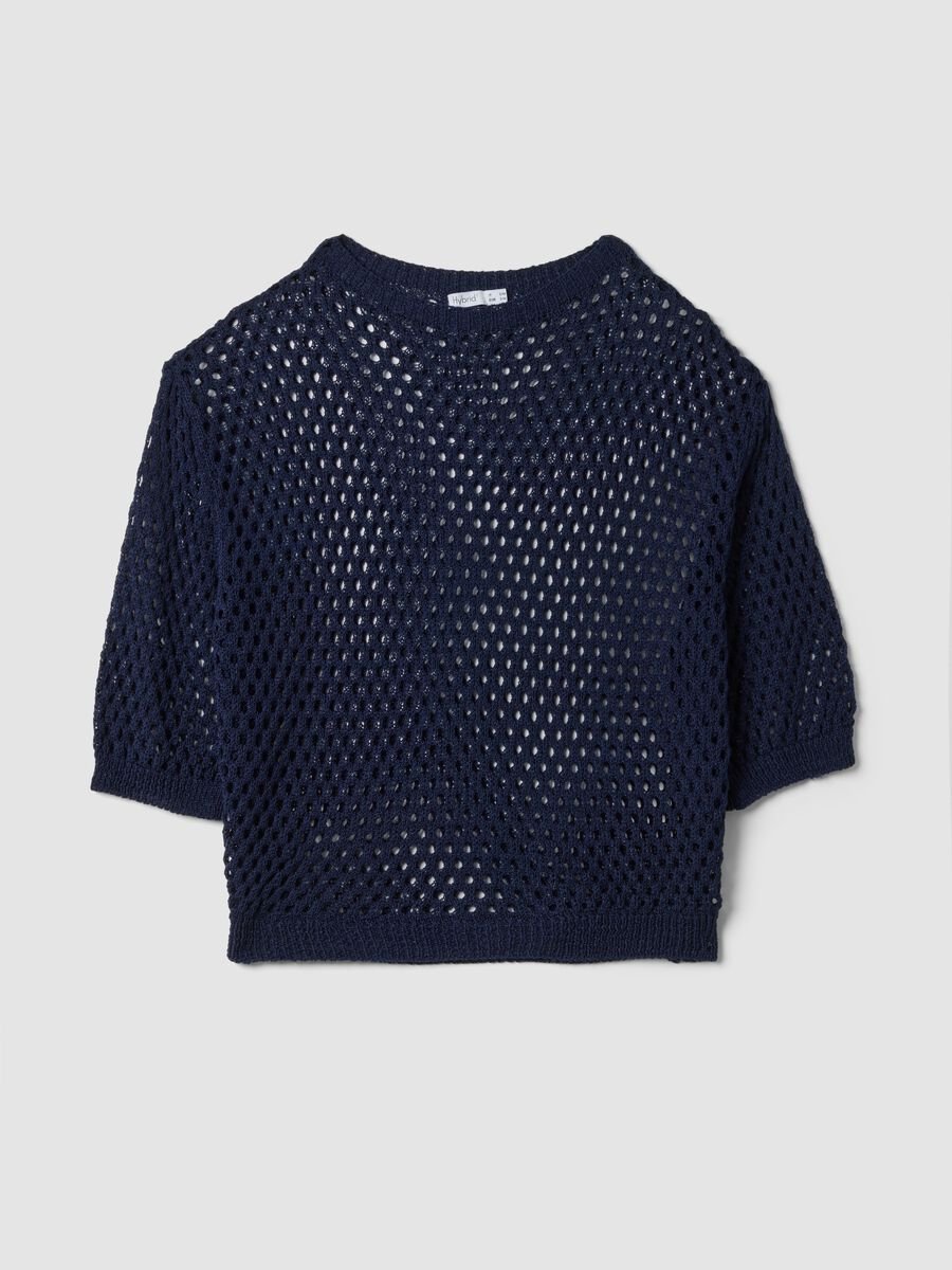 Maglia blu traforata a rete con maniche a tre quarti_4