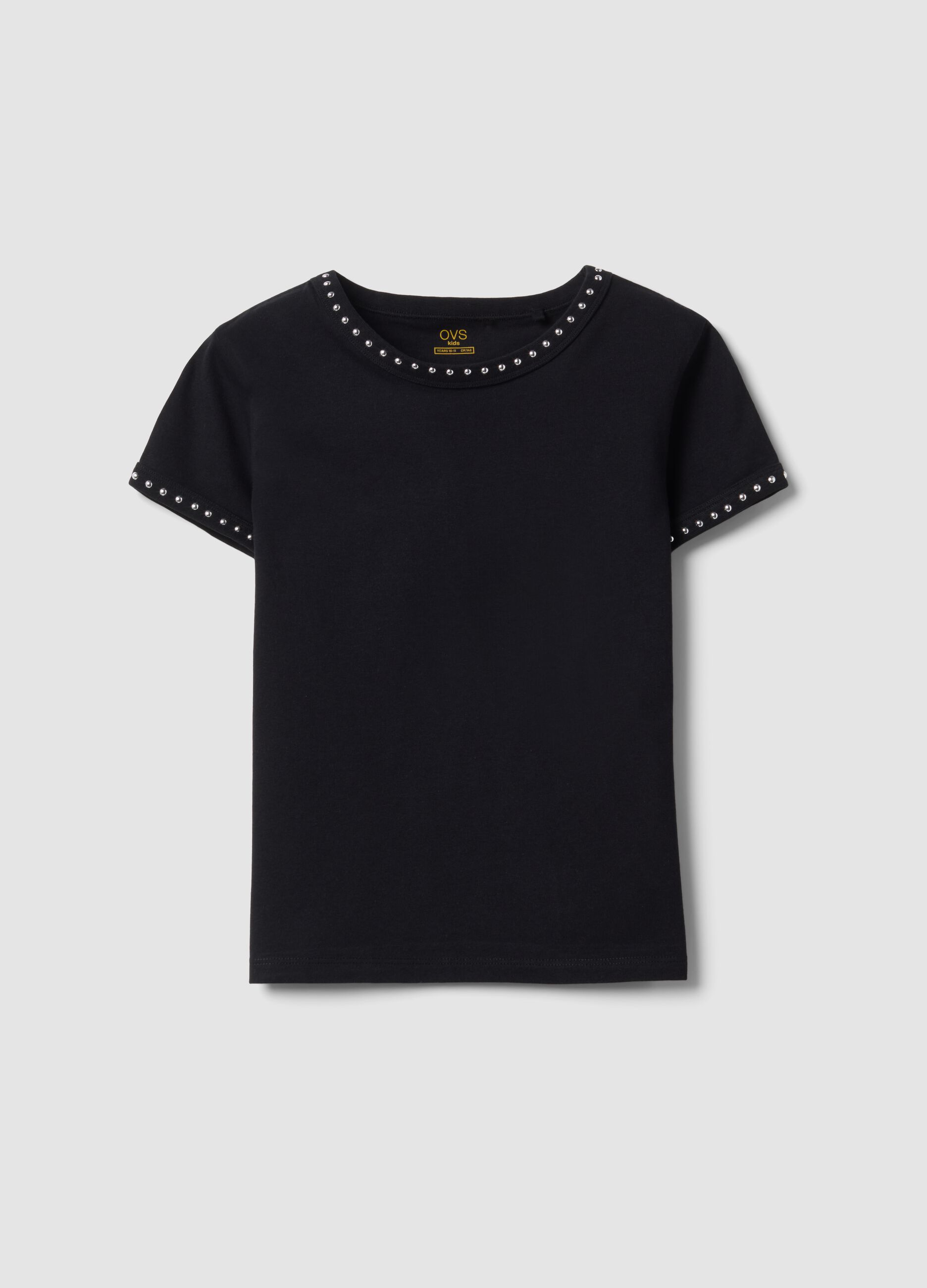 Black pure cotton slim-fit T-shirt with rhinestones for girls