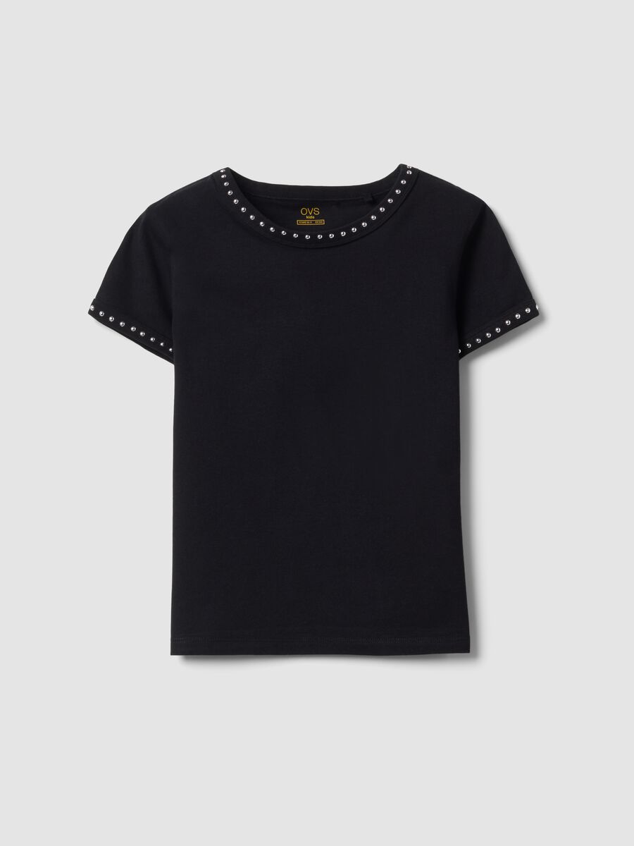 Black pure cotton slim-fit T-shirt with rhinestones for girls_3