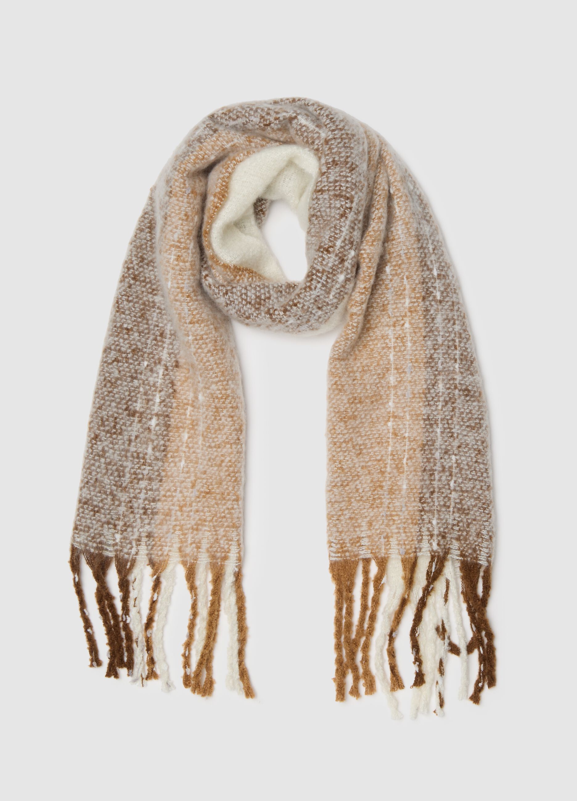 White and Brown Striped Scarf with Fringes