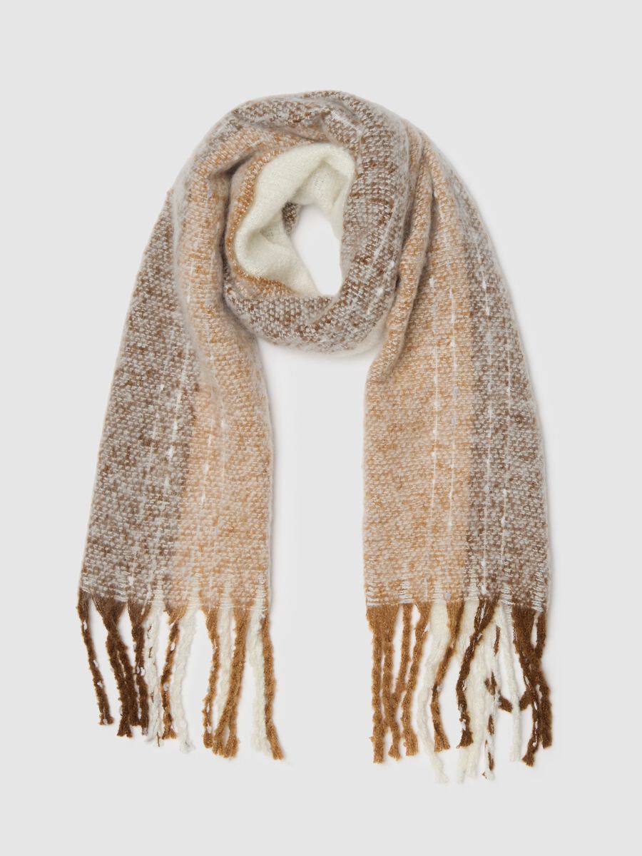 White and Brown Striped Scarf with Fringes_0