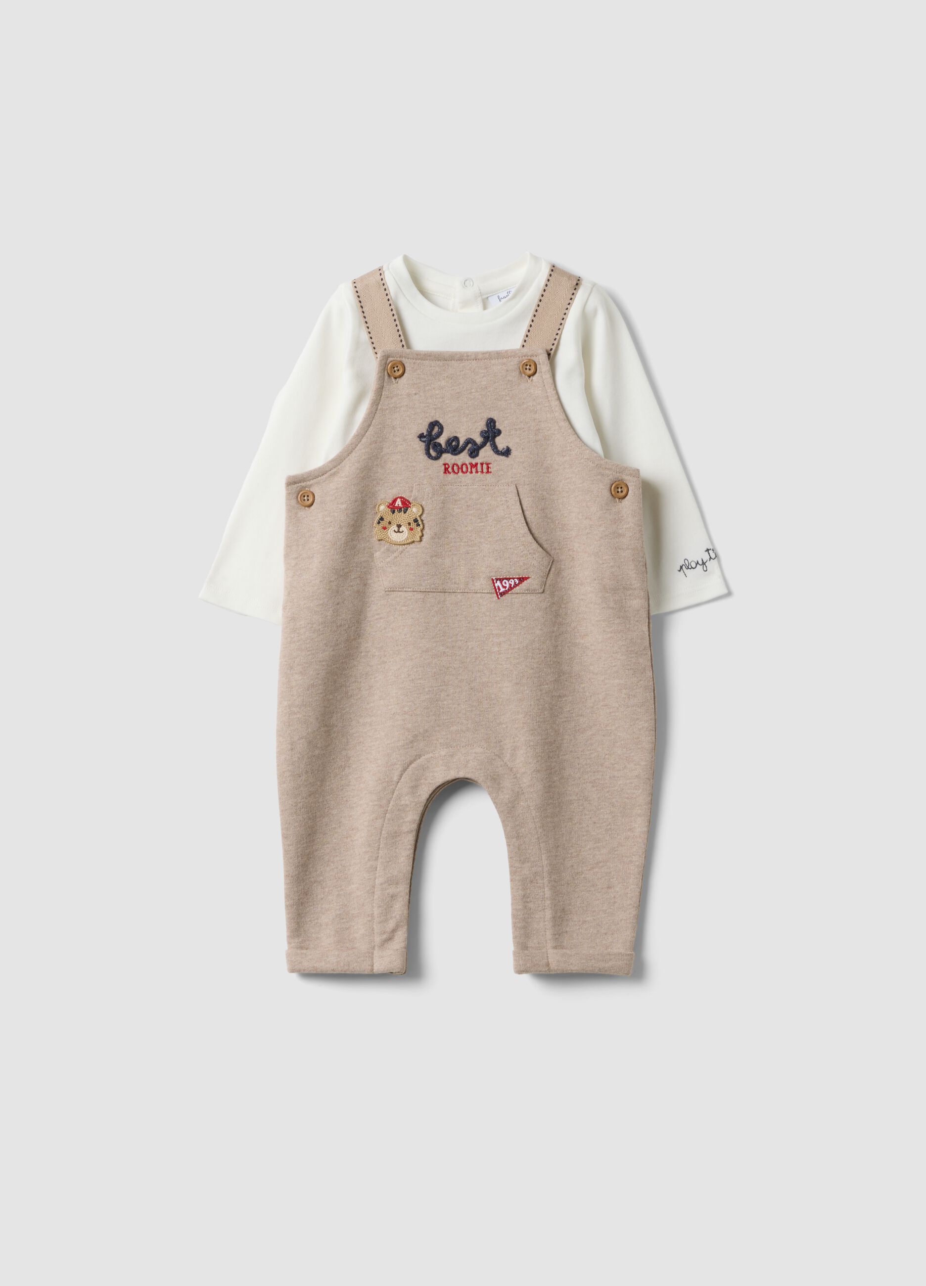 White and beige organic cotton baby set with dungarees