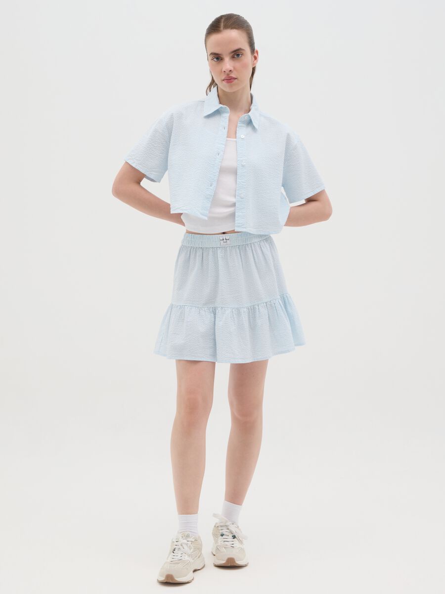 Sky blue seersucker frilled mini skirt in pure cotton_0