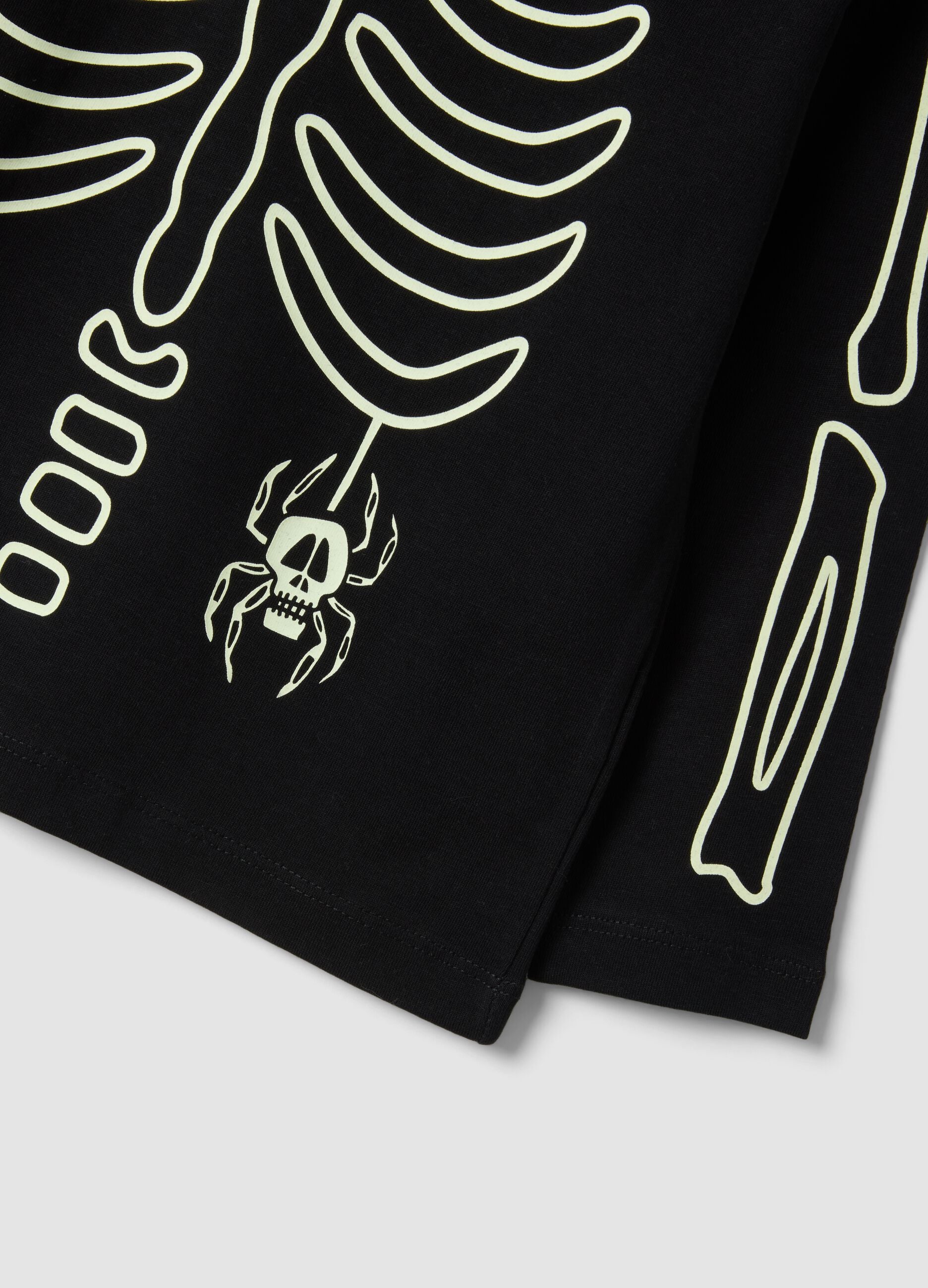 Black pure cotton crew-neck T-shirt with skeleton print