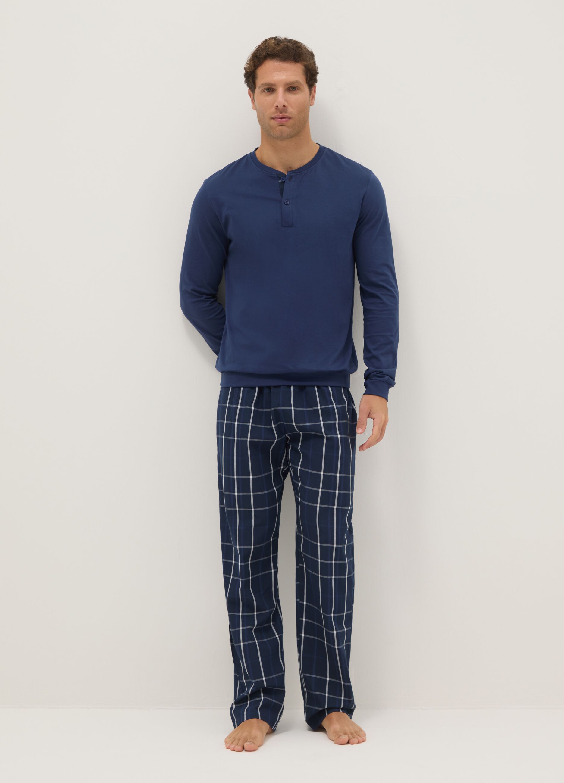 Blue checked pure cotton pyjamas, regular fit