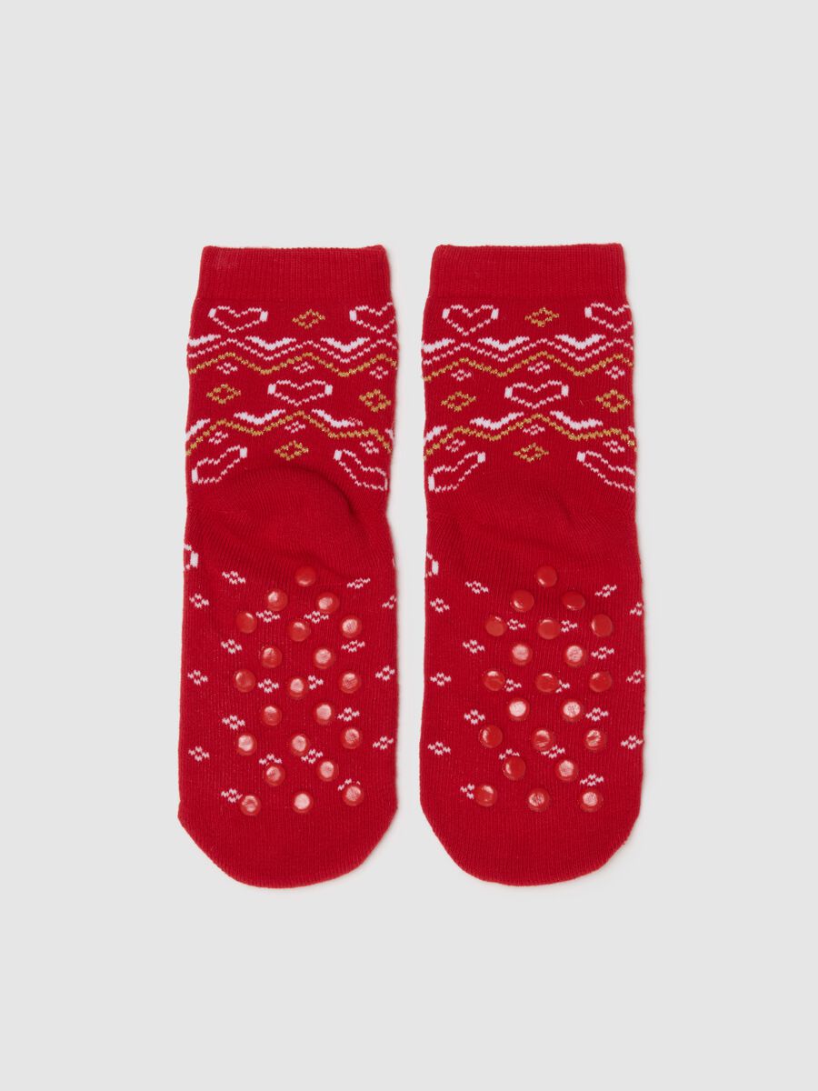 Girls' red cotton blend non-slip socks with Christmas print_1