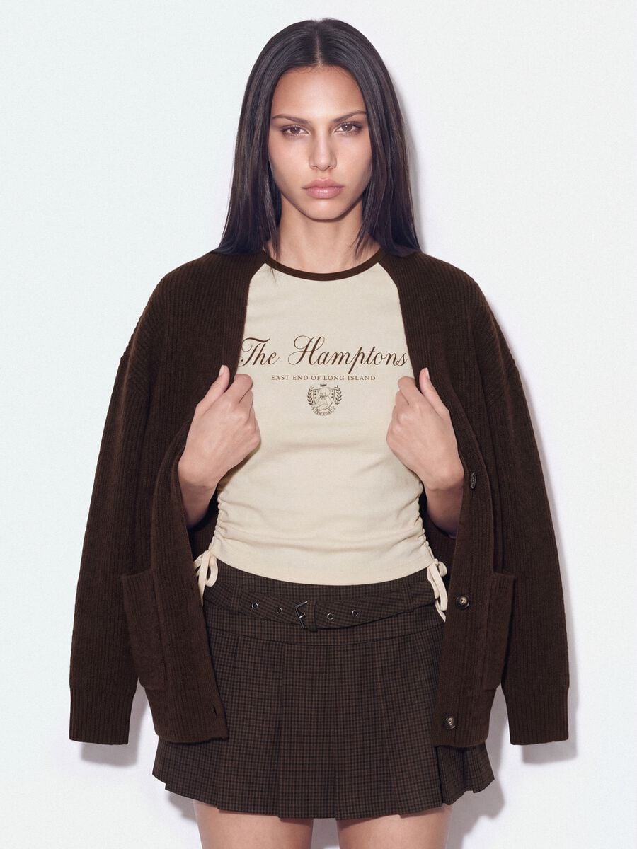 Brown stretch-fabric cardigan with deep V-neckline_0