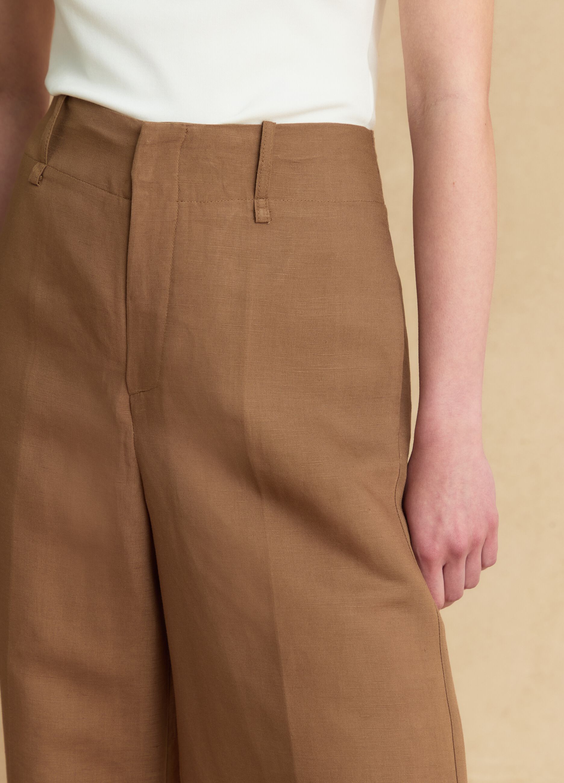 Brown linen-viscose blend wide-leg trousers with structured waistband