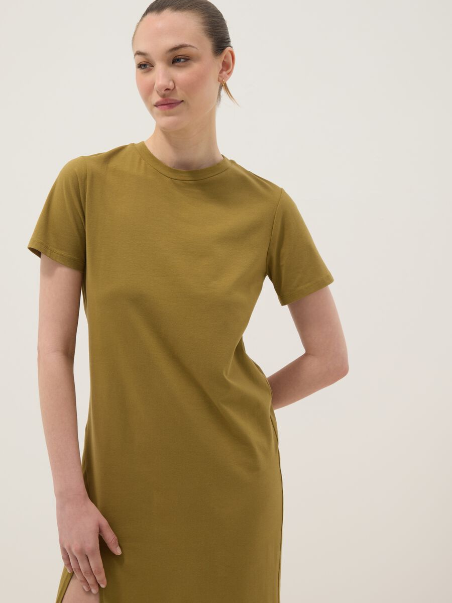 Green midi dress in stretch cotton with side slit_3