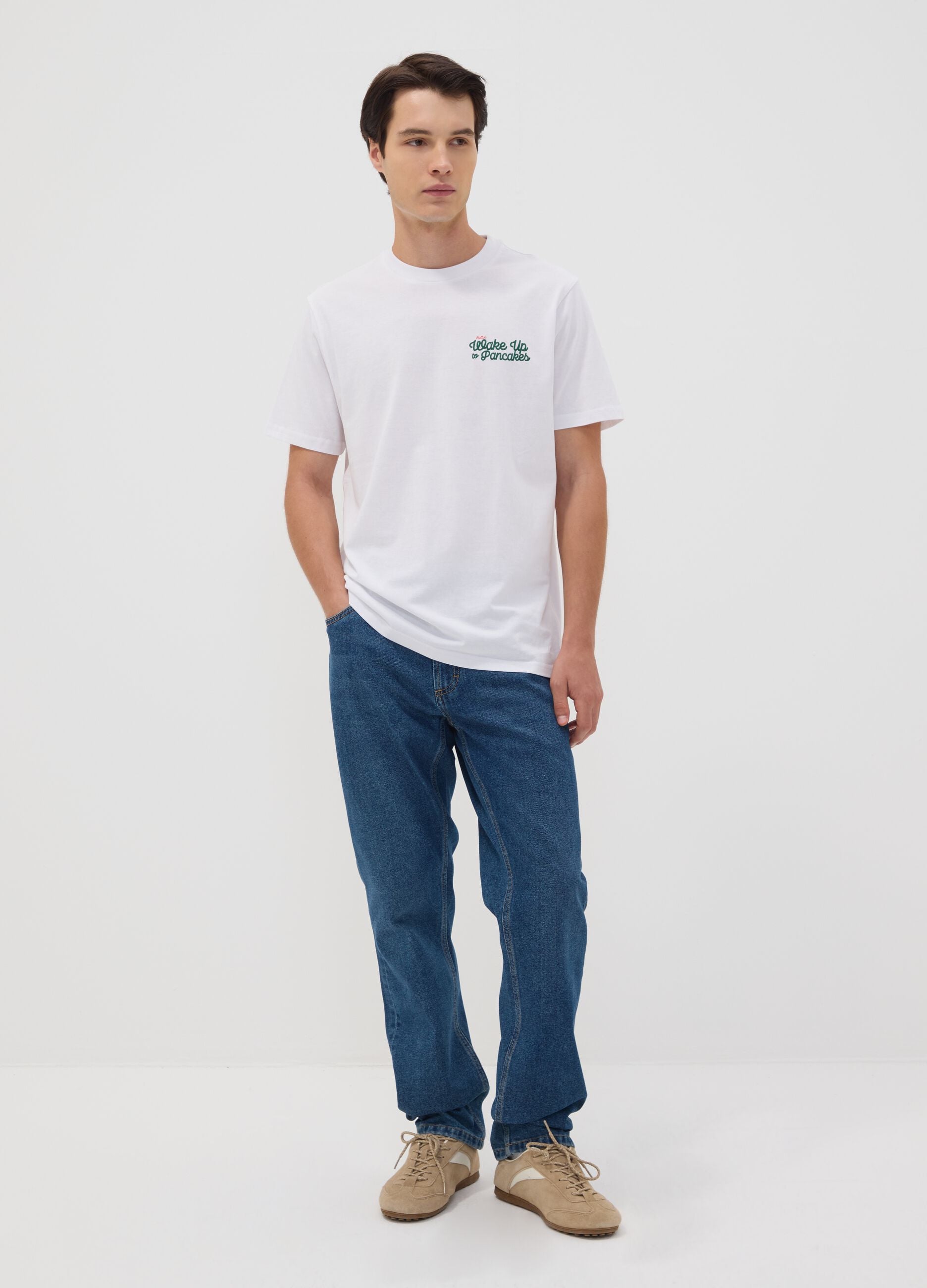 T-shirt bianca in puro cotone jersey con stampa regular fit