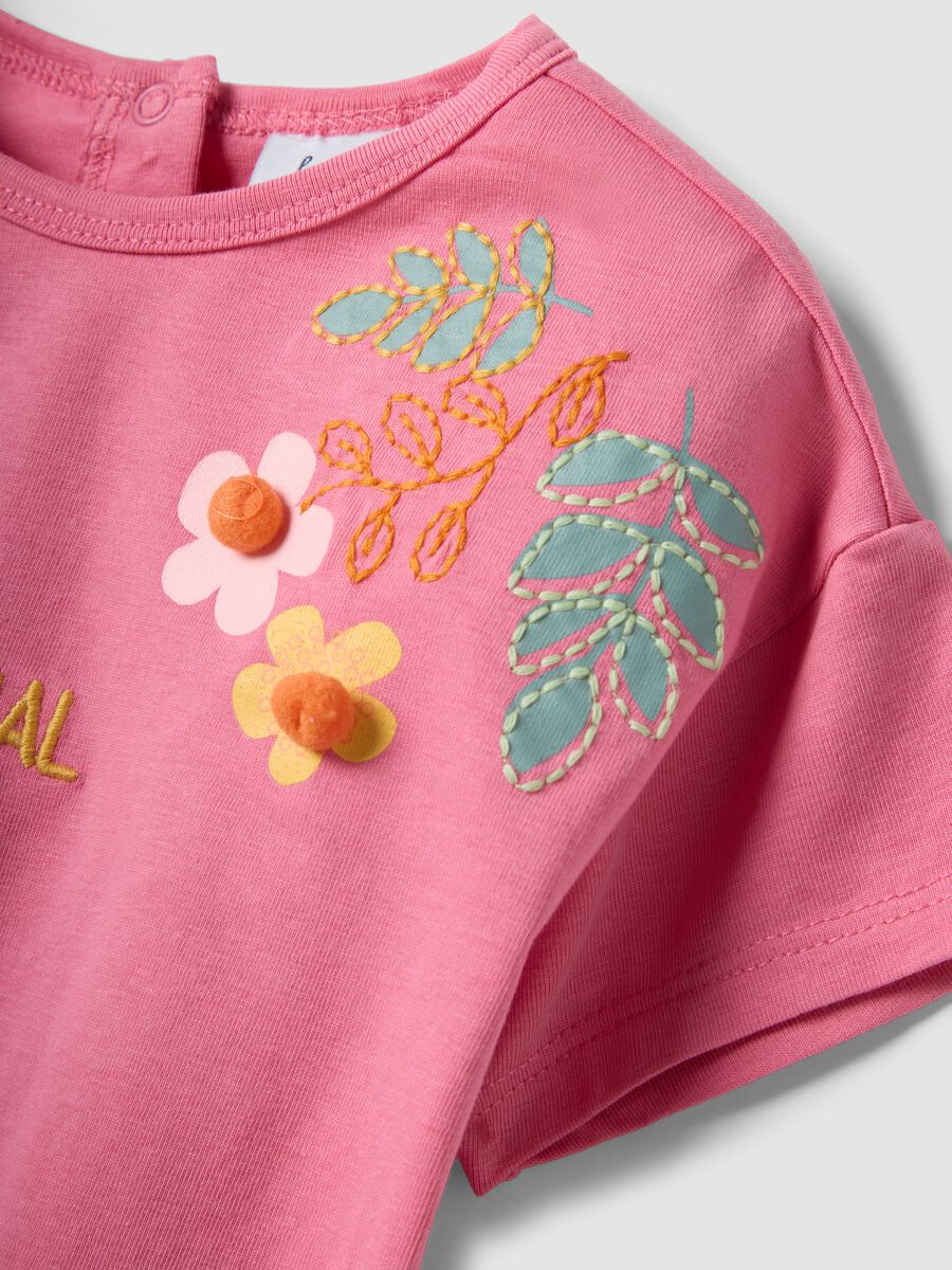 Pink short-sleeve stretch cotton T-shirt with floral print for baby girl, regular fit_2