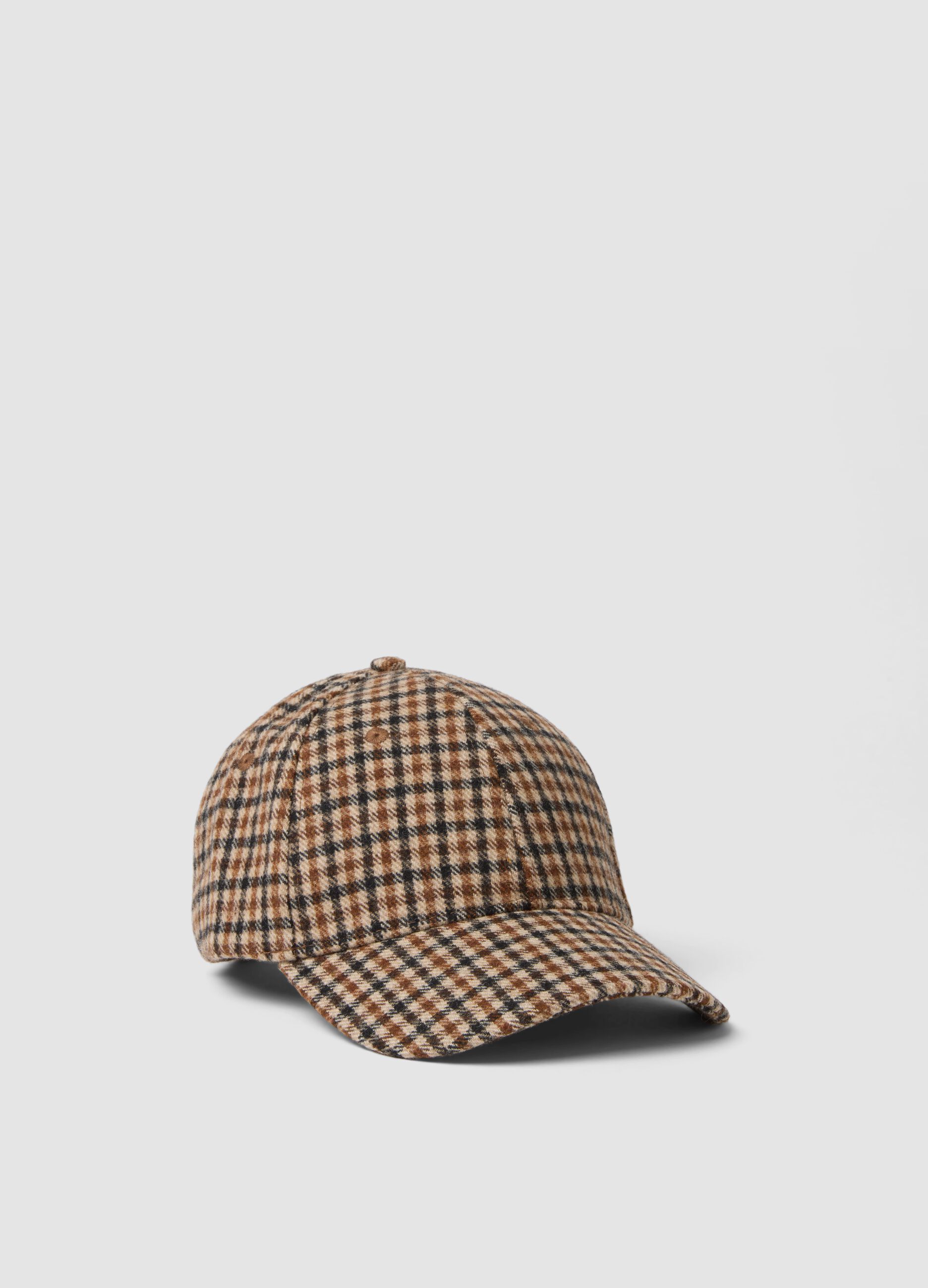Cappello baseball marrone in misto lana a quadri