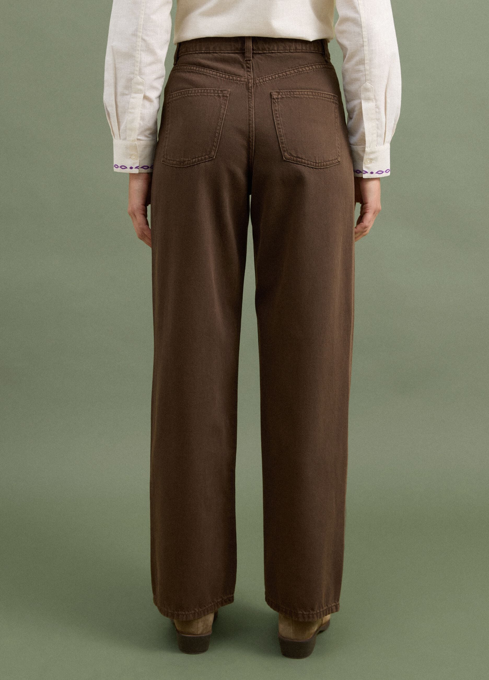 High-waisted wide-leg brown jeans in pure cotton
