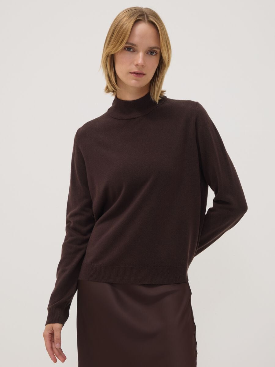 Brown long-sleeve top with raised neck, regular fit_0