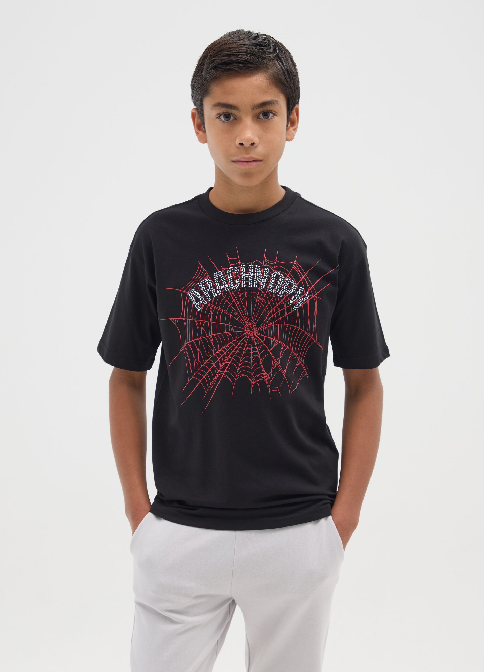 Children's black pure cotton regular fit t-shirt with web design