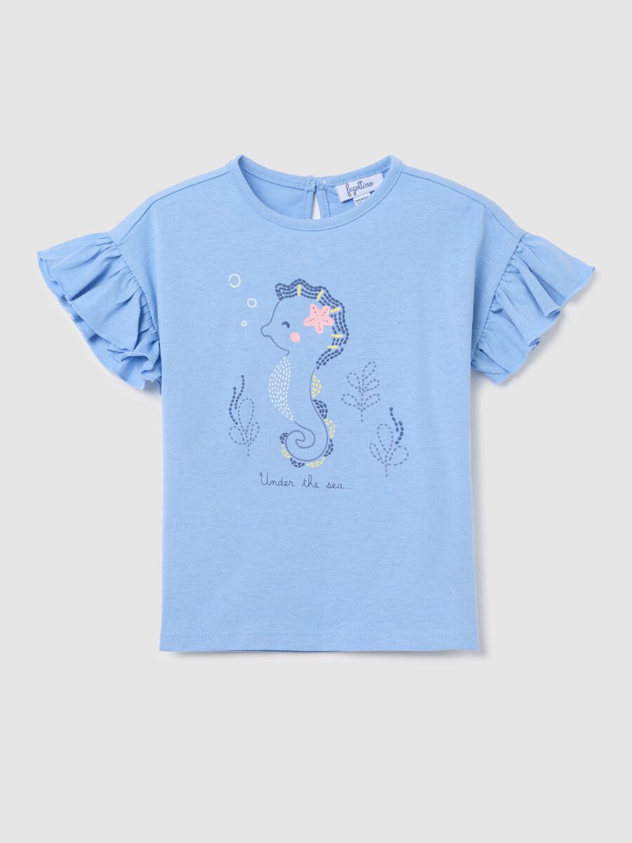 Light blue T-shirt in cotton with print and flounce_0