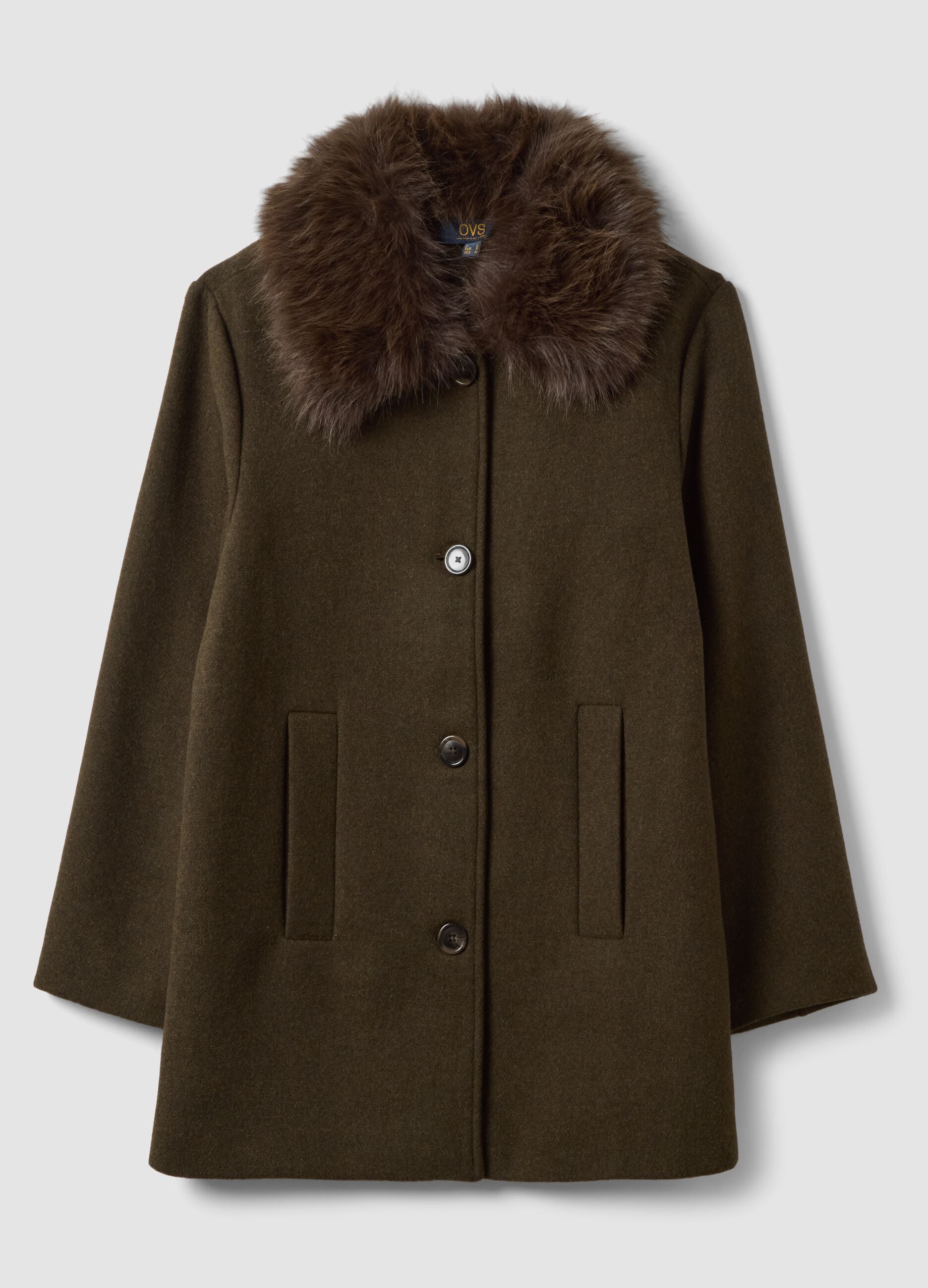 Brown wool and viscose blend coat with faux-fur collar