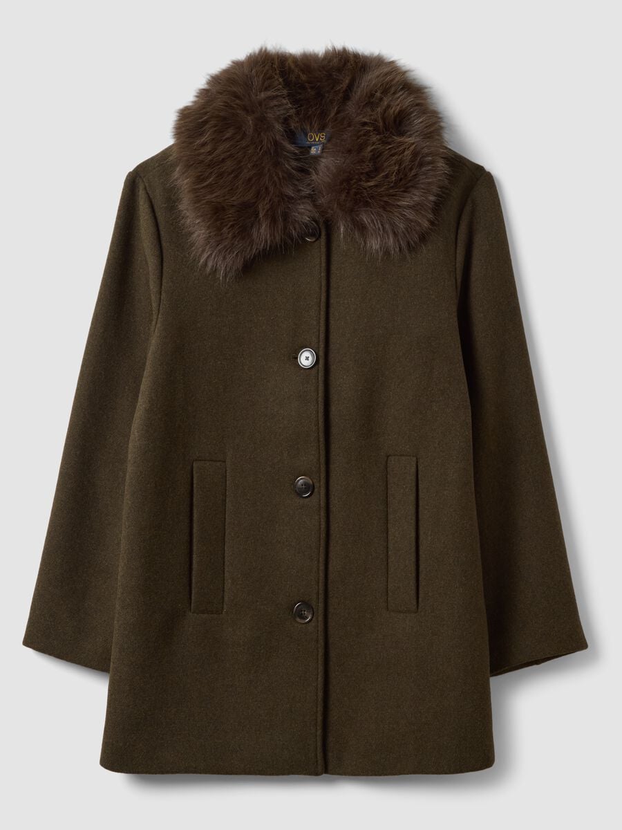 Brown wool and viscose blend coat with faux-fur collar_0