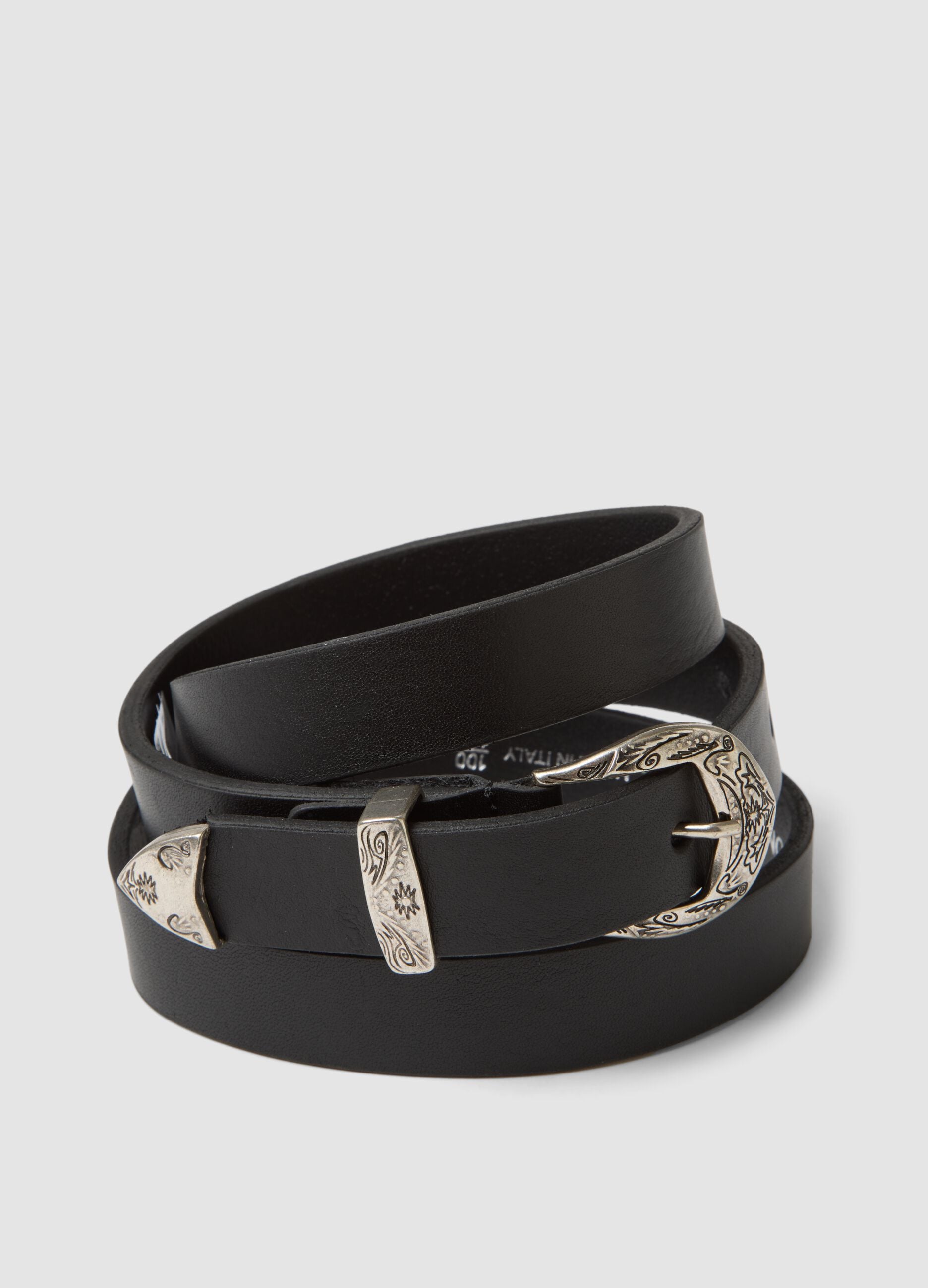 Black genuine leather belt with engraved buckle