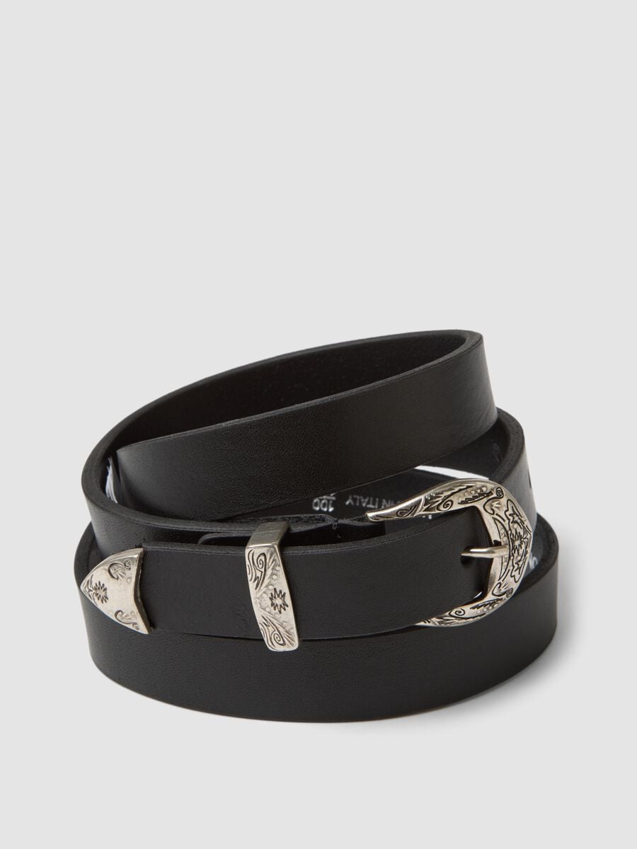 Cintura nera in vera pelle con fibbia decorata_2