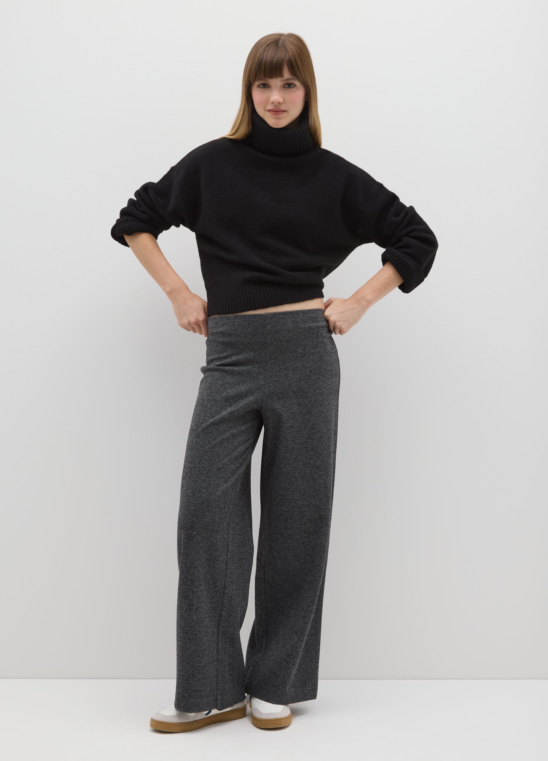 Grey Wide-Leg Stretch Trousers