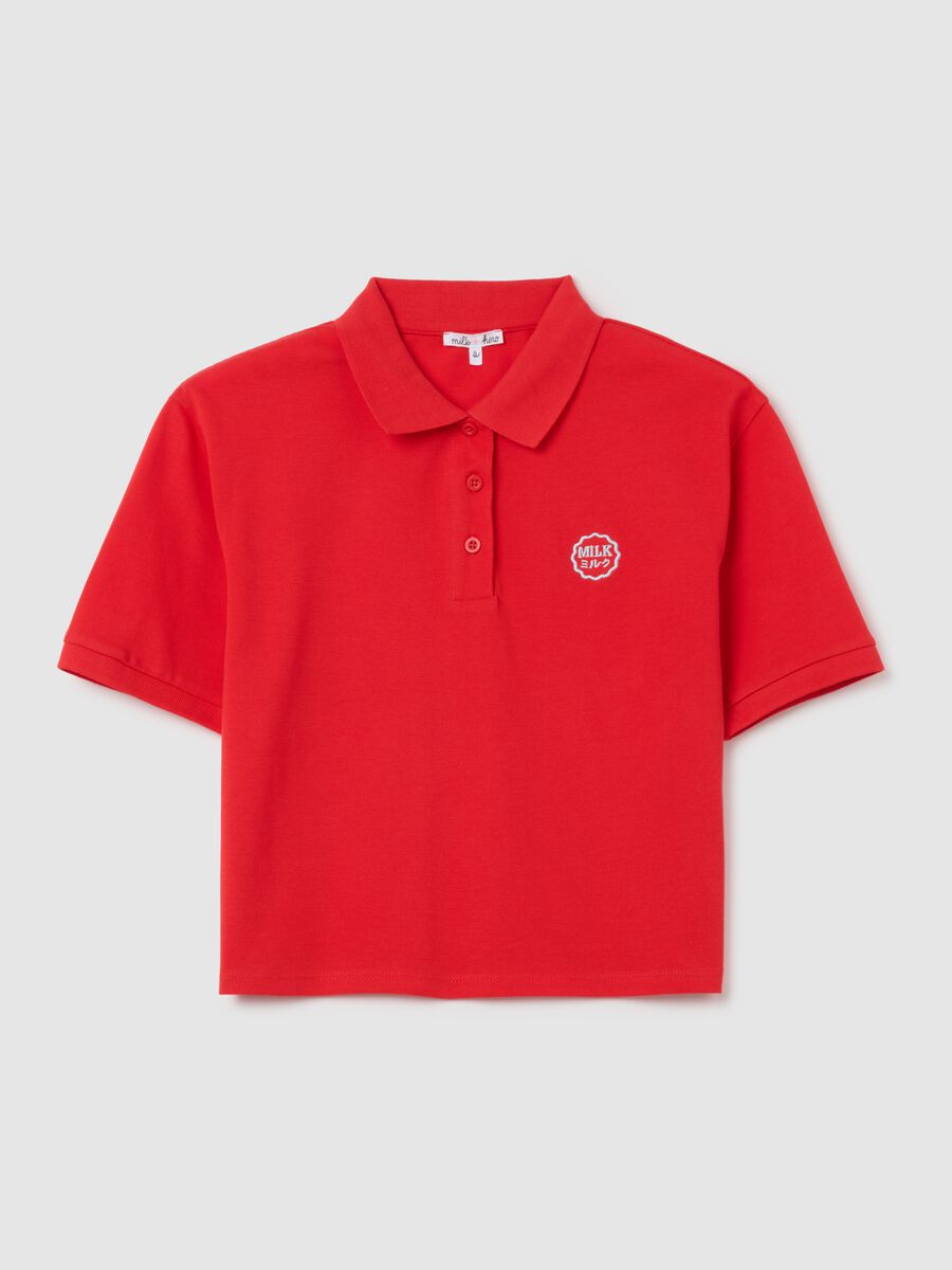 Women's red pure cotton polo with classic collar and embroidered logo in regular fit_0